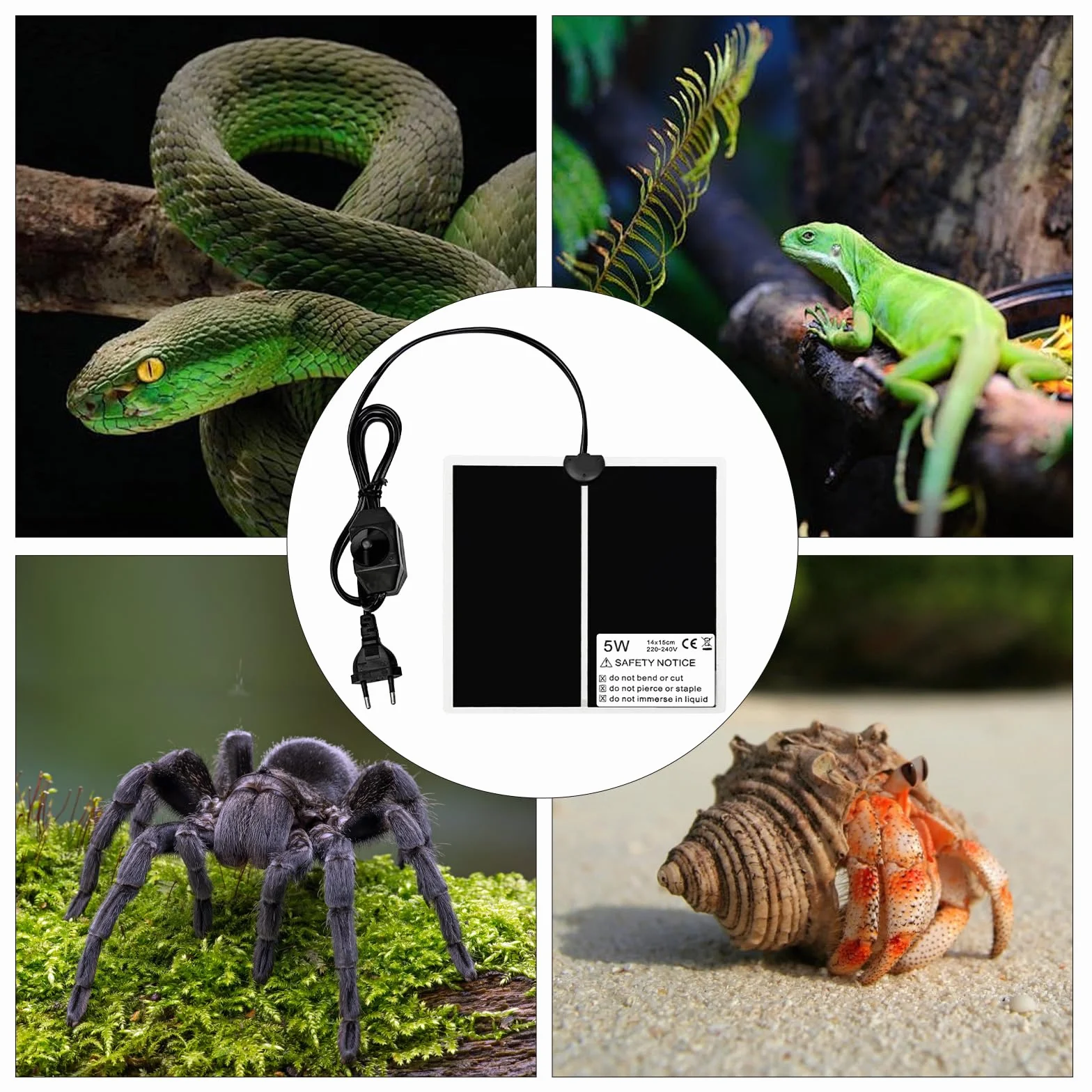 TNSLAND Mata grzewcza do terrarium, mata grzewcza z regulacją temperatury, dla gadów, żółwi, węży, jaszczurki, gekonów, pustelników, płazów, wodoszczelna, 5 W: 15 x 14 cm, czarna