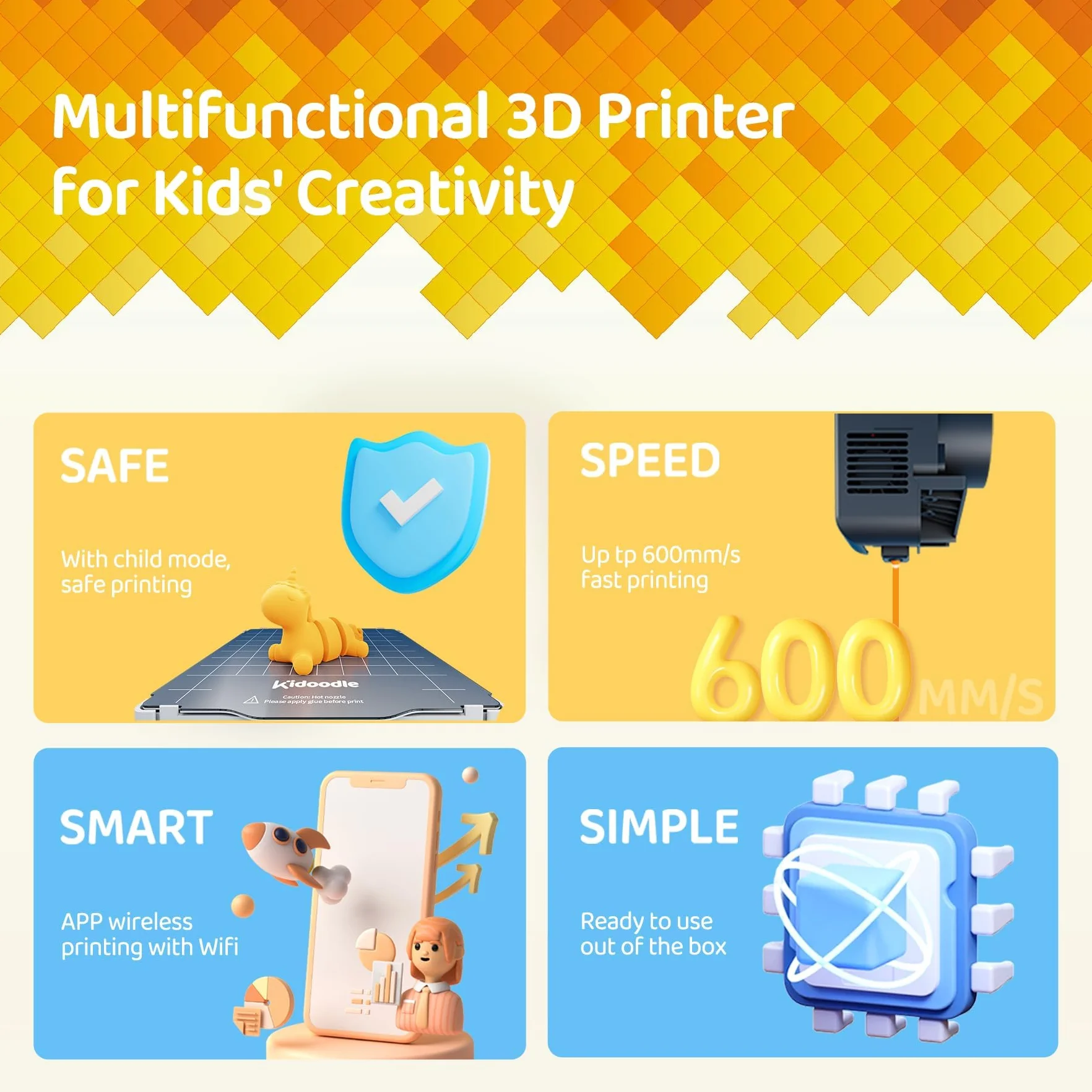 Mini drukarka 3D Kidoodle dla dzieci 600 mm/s ekran dotykowy 5"