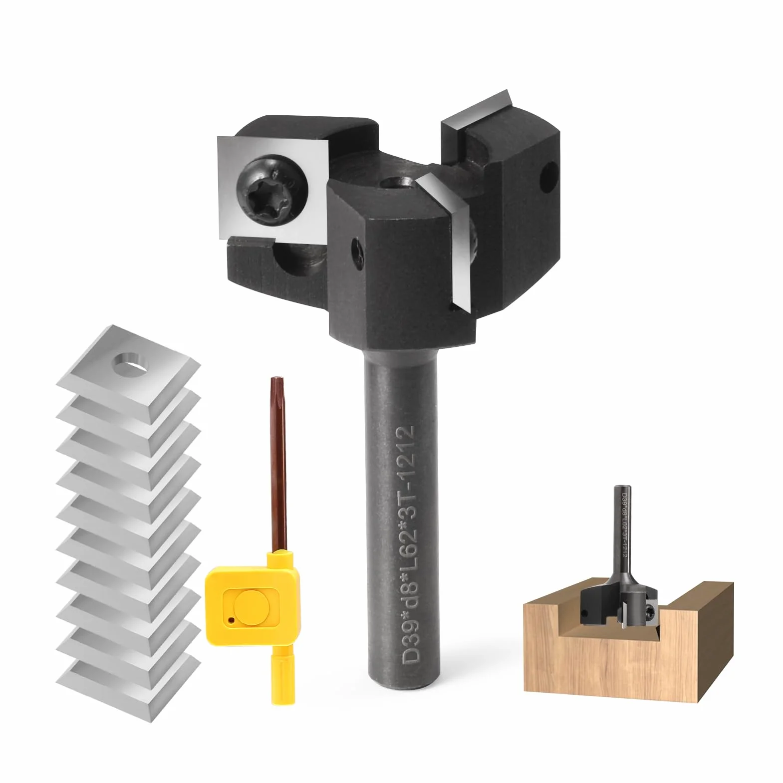 Frez płaski, trzpień 8 mm, 3 flety, 10 wymiennych ostrzy z węglików spiekanych (12 x 12 x 1,5 mm) do drewna, profesjonalny frez do frezarek i maszyn CNC