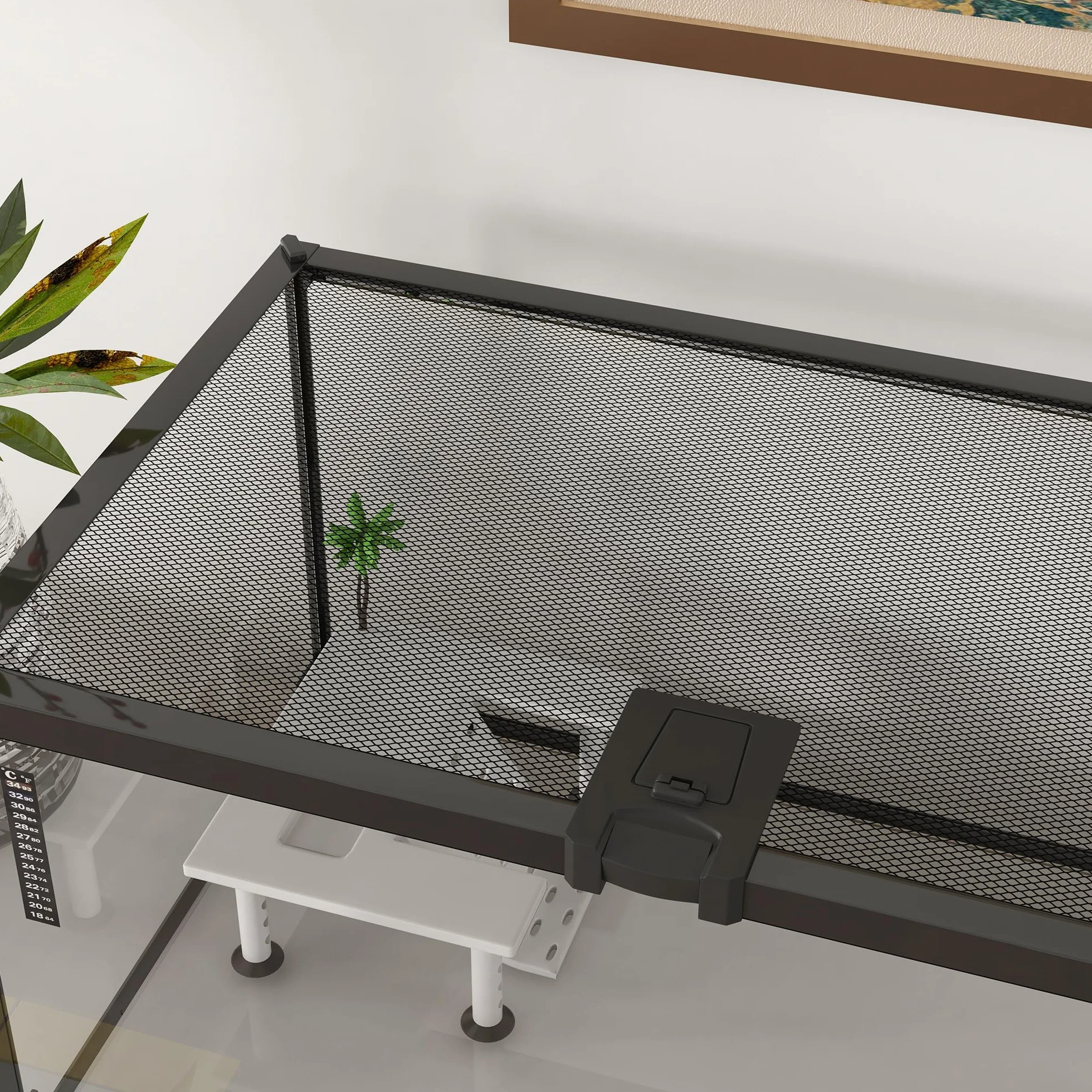 PawHut Pojemnik na gady Akwarium Żółwie Terrarium Siedlisko Przesuwne Siatka metalowa termometr, platforma z rampą, ozdobne palmy kokosowe i karmnik w zestawie szkło metalowe
