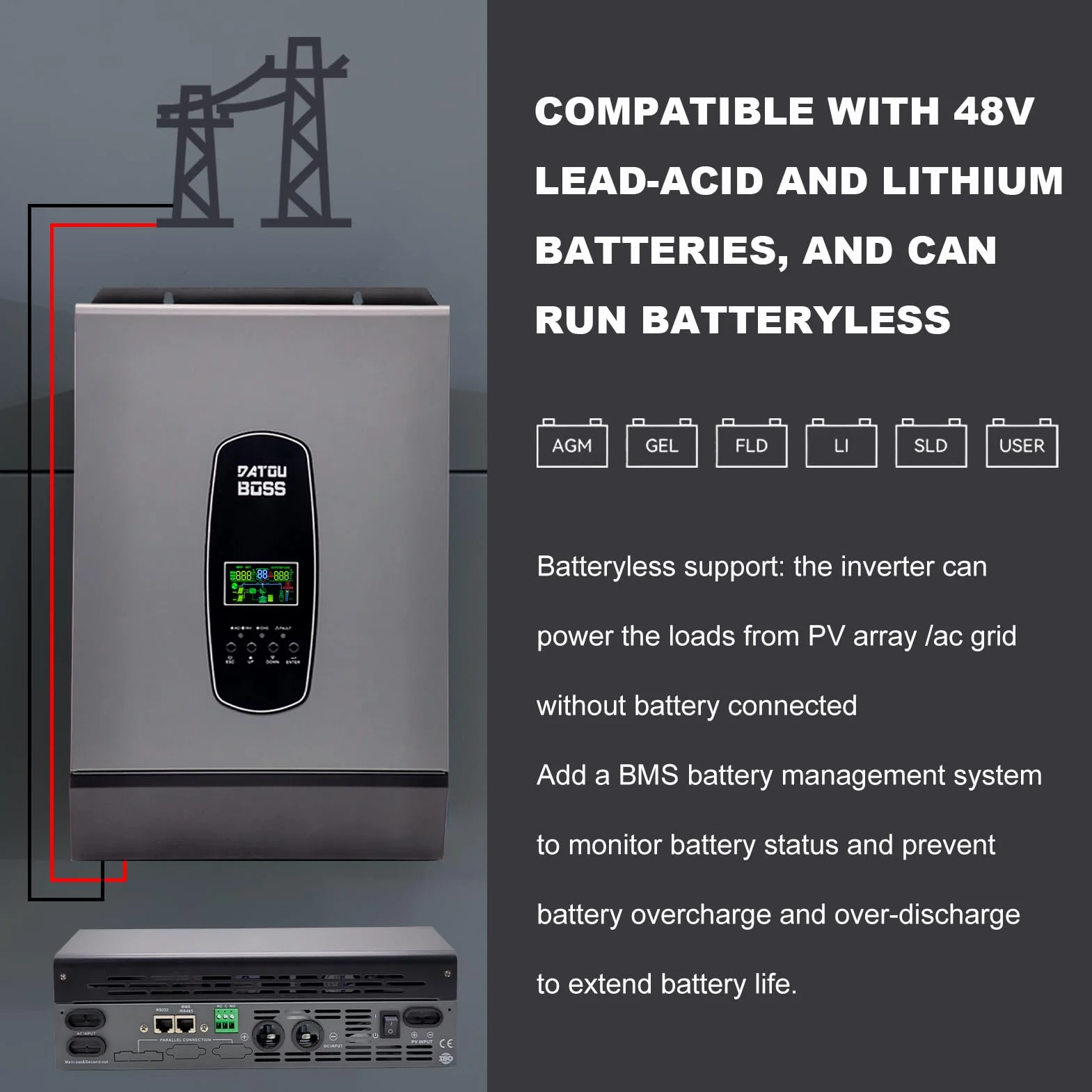 DATOUBOSS 6200W Hybrydowy Falownik 48V Czysty Sinus, Hybrydowy Falownik Solarny 48v, 48v DC Na 220v/230v AC, Z Regulatorem ładowania Solarnym 120A MPPT, Obsługa Pracy Bez Baterii, System Ochrony BMS