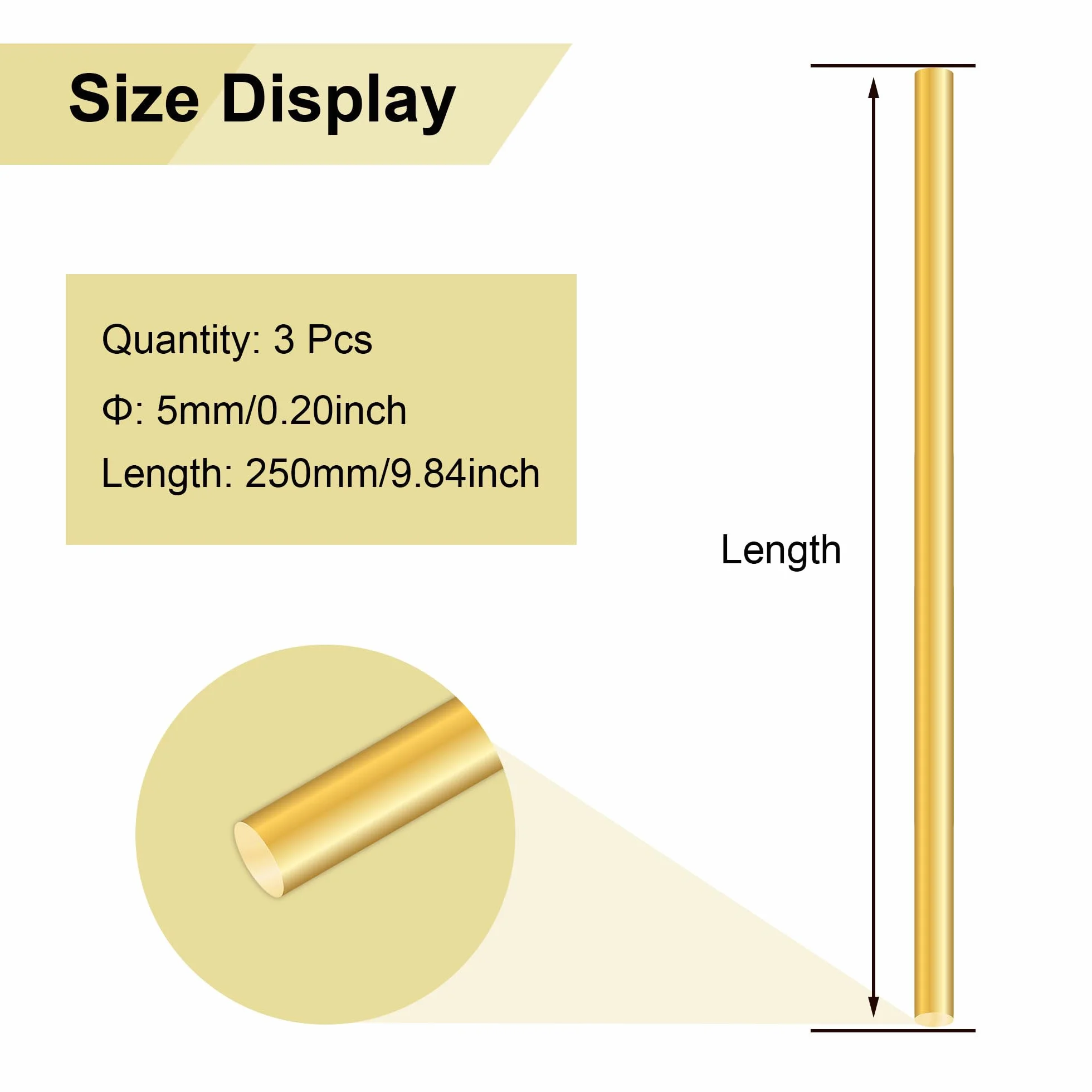 Mosiężny pręt 5 mm x 250 mm, mosiężny masywny okrągły pręt do majsterkowania (3 sztuki)