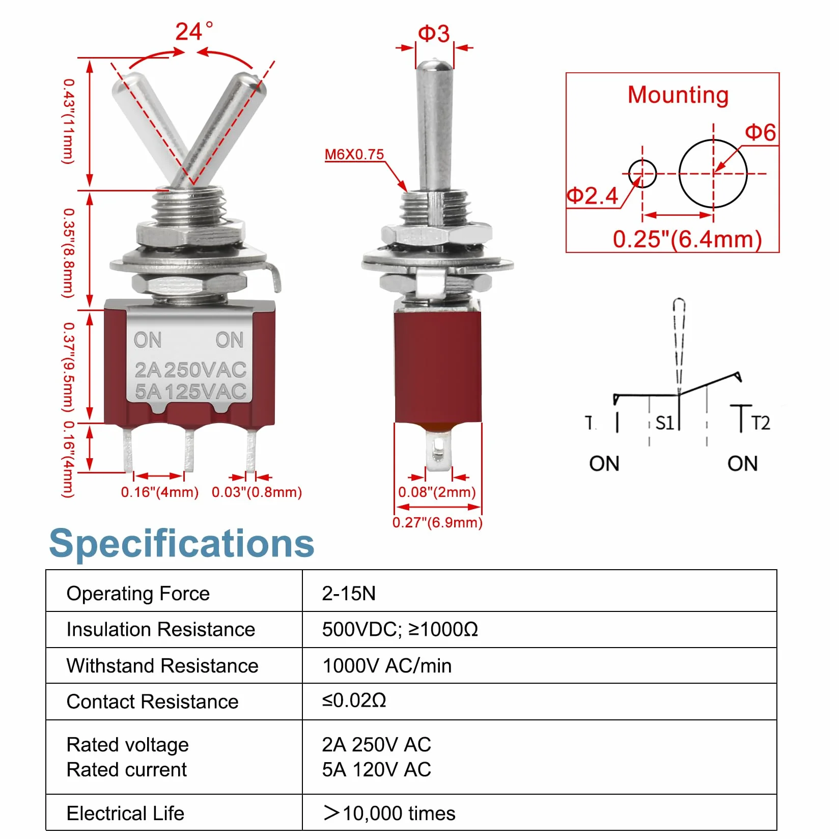Heschen miniaturowy przełącznik MTS-102 ON-ON SPDT 3-biegunowy, 2 A 250 V, 5 A 120 V, UR na liście, z wodoodporną pokrywą, 5 sztuk