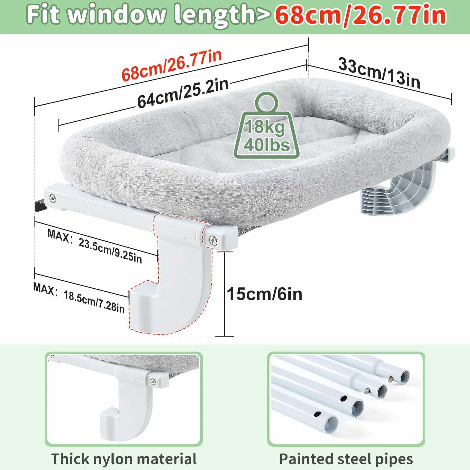 GUUSII HOME Legowisko kota na okno hamak na kaloryfer regulowana grzęda bez wiercenia dla dużych kotów domowych bezprzewodowe siedzisko dla kota mocowane do parapetu udźwig 18 kg (Szary, L)