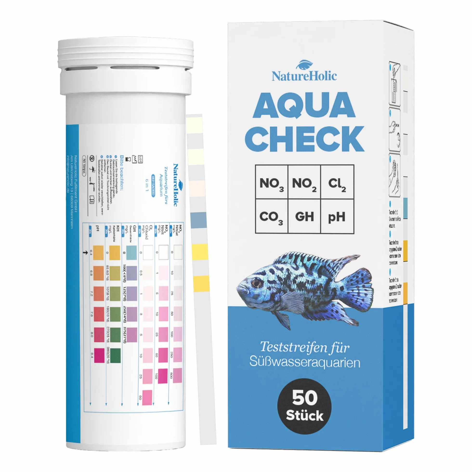 NatureHolic Paski testowe do akwarium 6 w 1 – szybki test azotynów, azotanów, chloru, pH, całkowitej twardości i twardości węglanowej – do akwarium, basenu z krewetkami i świeżej wody
