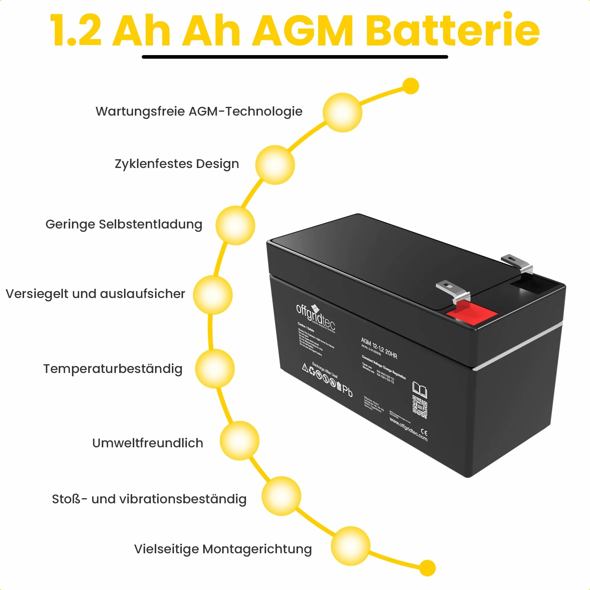 Offgridtec® Akumulator ołowiowy AGM 1,2 Ah 12 V, odporny na cykle UV, zamiennik akumulatora VRLA