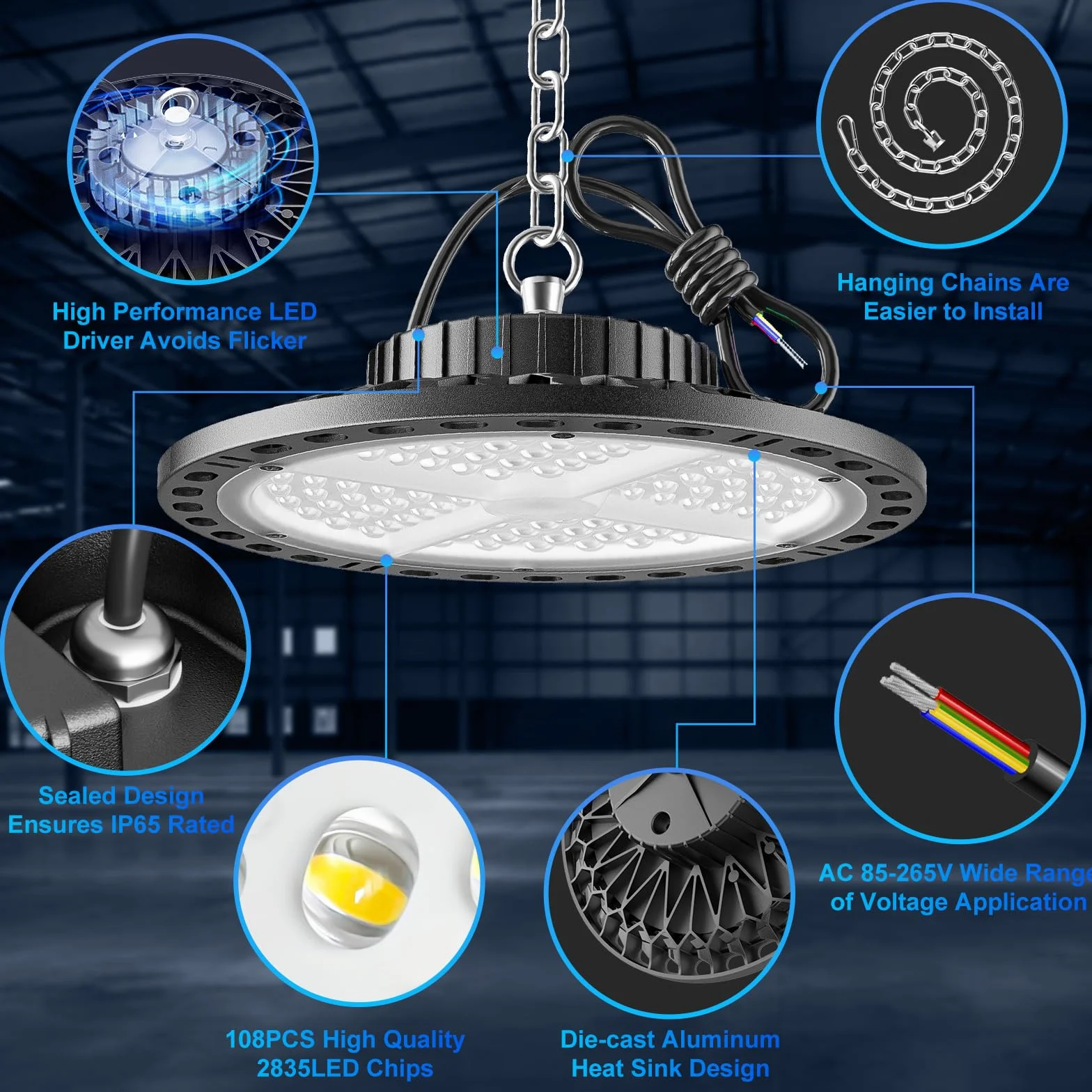 Przemysłowy reflektor LED 100 W 2 sztuki - 15000 LM UFO reflektor LED kryty reflektor LED z metalowym łańcuchem 11,8 cala, sterownik, 6500 K IP65 Lampa halowa do warsztatu, fabryk magazynów