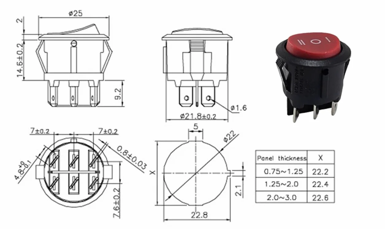 Okrągły przełącznik kołyskowy 22 mm 6-pinowy ON-OFF-ON 250V/6A czarny montaż Snap-In