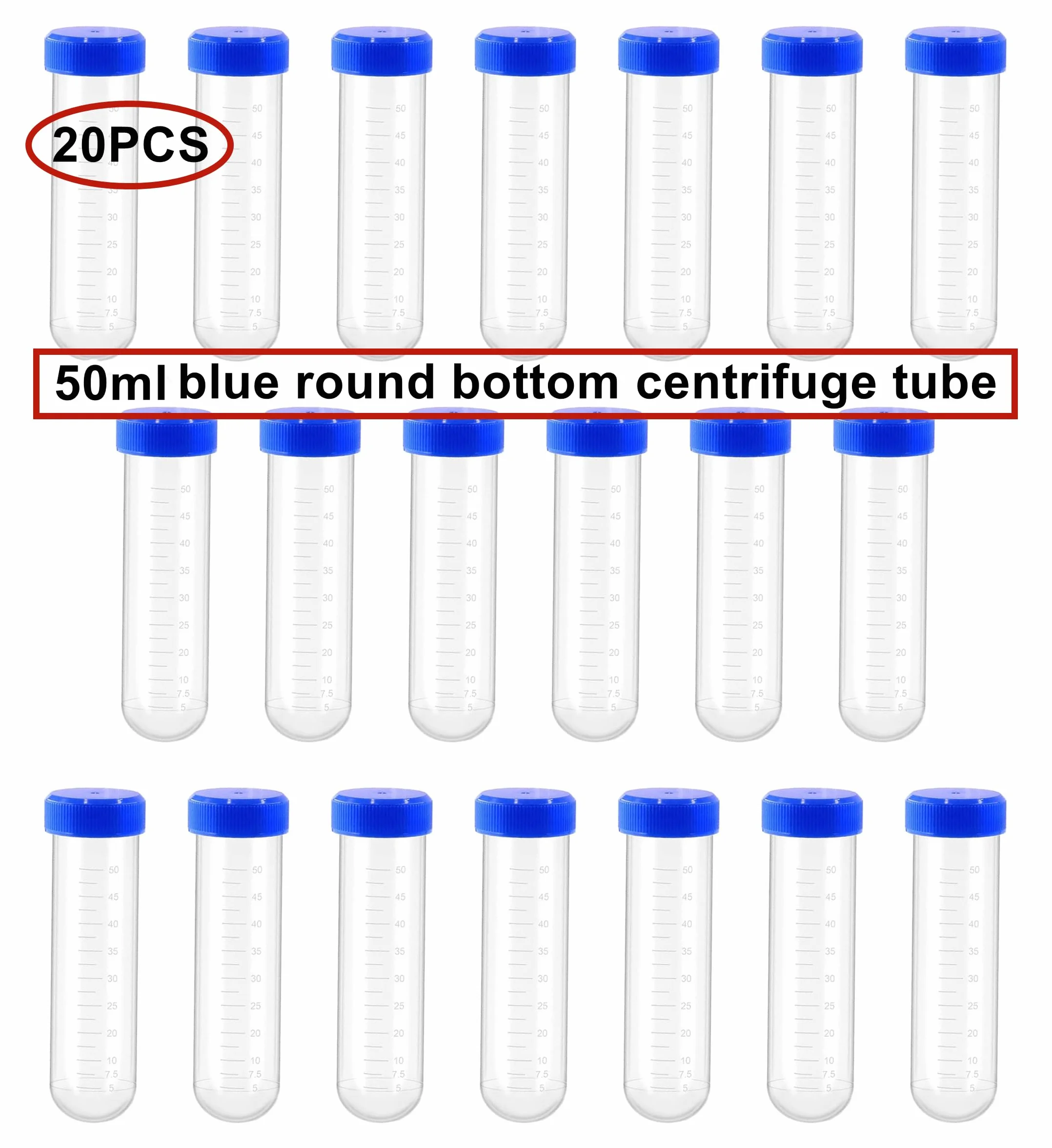 HUAZIZ 20 sztuk plastikowych probówek do probówek wirówkowych, 50 ml probówki z nakrętkami śrubowymi do laboratoryjnych eksperymentów chemicznych, zaokrąglone dno