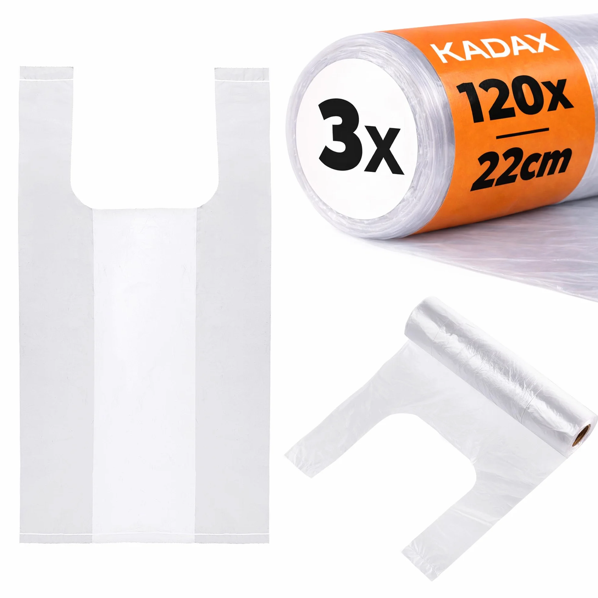 KADAX 3 x torby 42,5 × 22 cm, 120 sztuk, woreczki węzłowe na rolce, torebki na koszulę z folii HDPE, torebki na koszulę, torebki plastikowe z uchwytami, plastikowe torebki