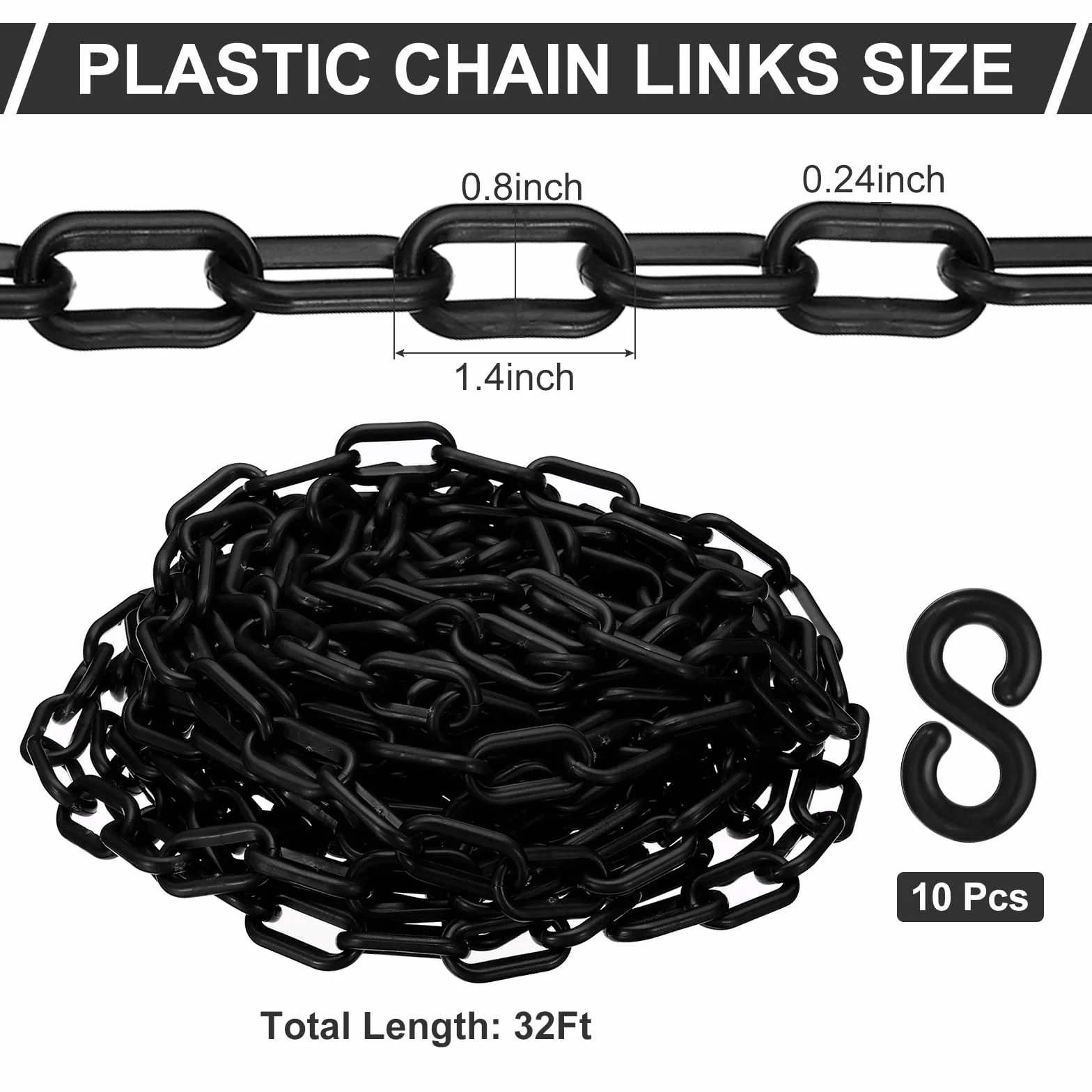 Plastikowy łańcuch bezpieczeństwa 32 stopy 1/4" (6 mm) czarny do ogrodzeń, bram, parkingu