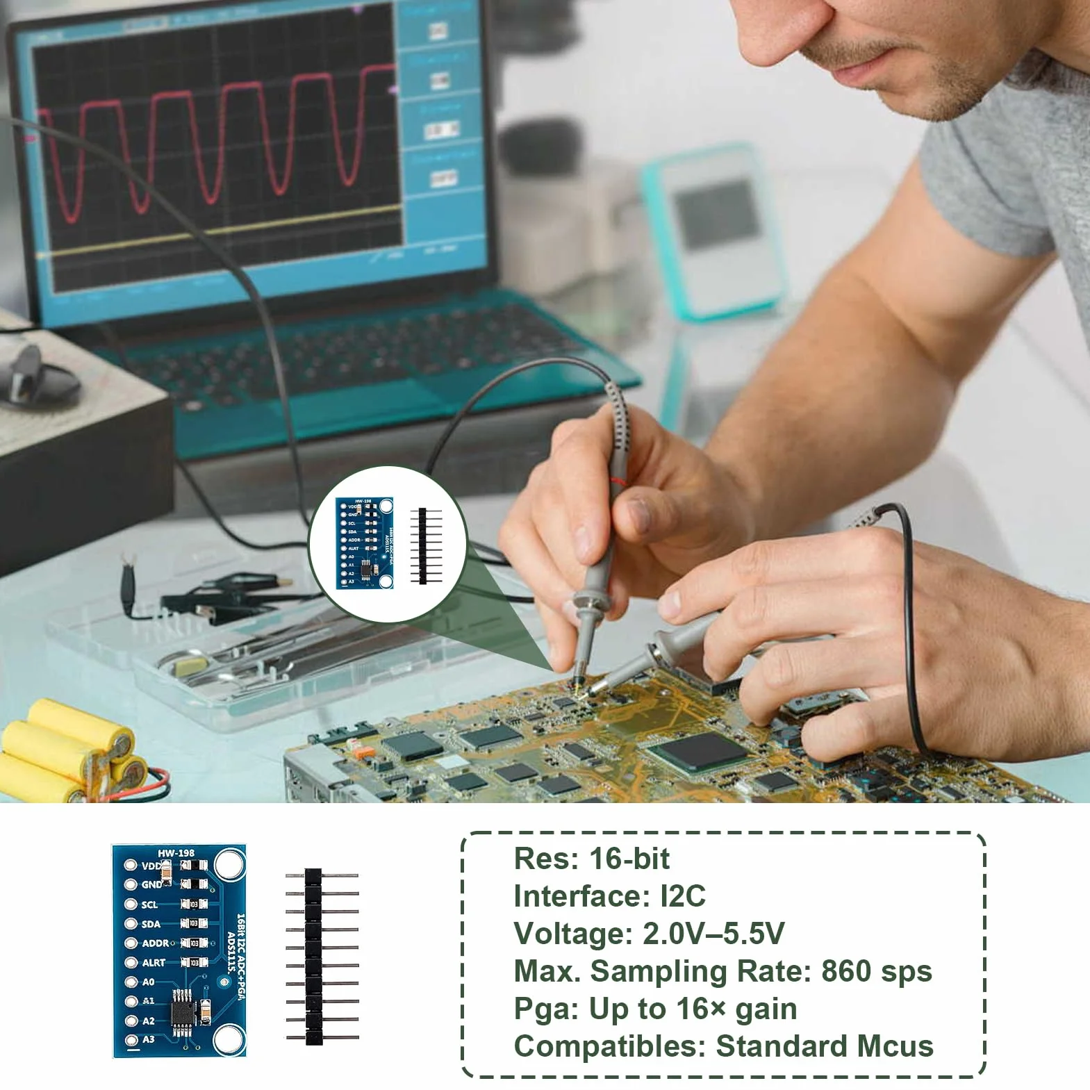 ADS1115 16-bitowy 4-kanałowy moduł I2C konwersja analogowo-cyfrowa 2.0-5.5V