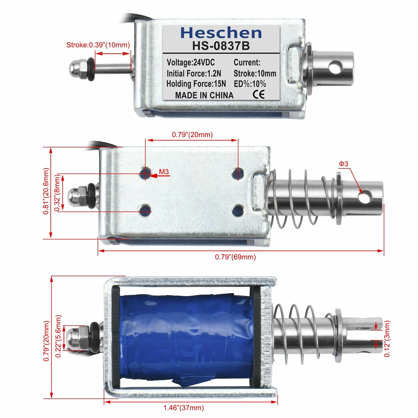 Hechen elektromagnes elektromagnetyczny, HS-0837B, DC24V 1.4A 15N, skok 10mm, zamek do drzwi z otwartą ramą typu Push Pull
