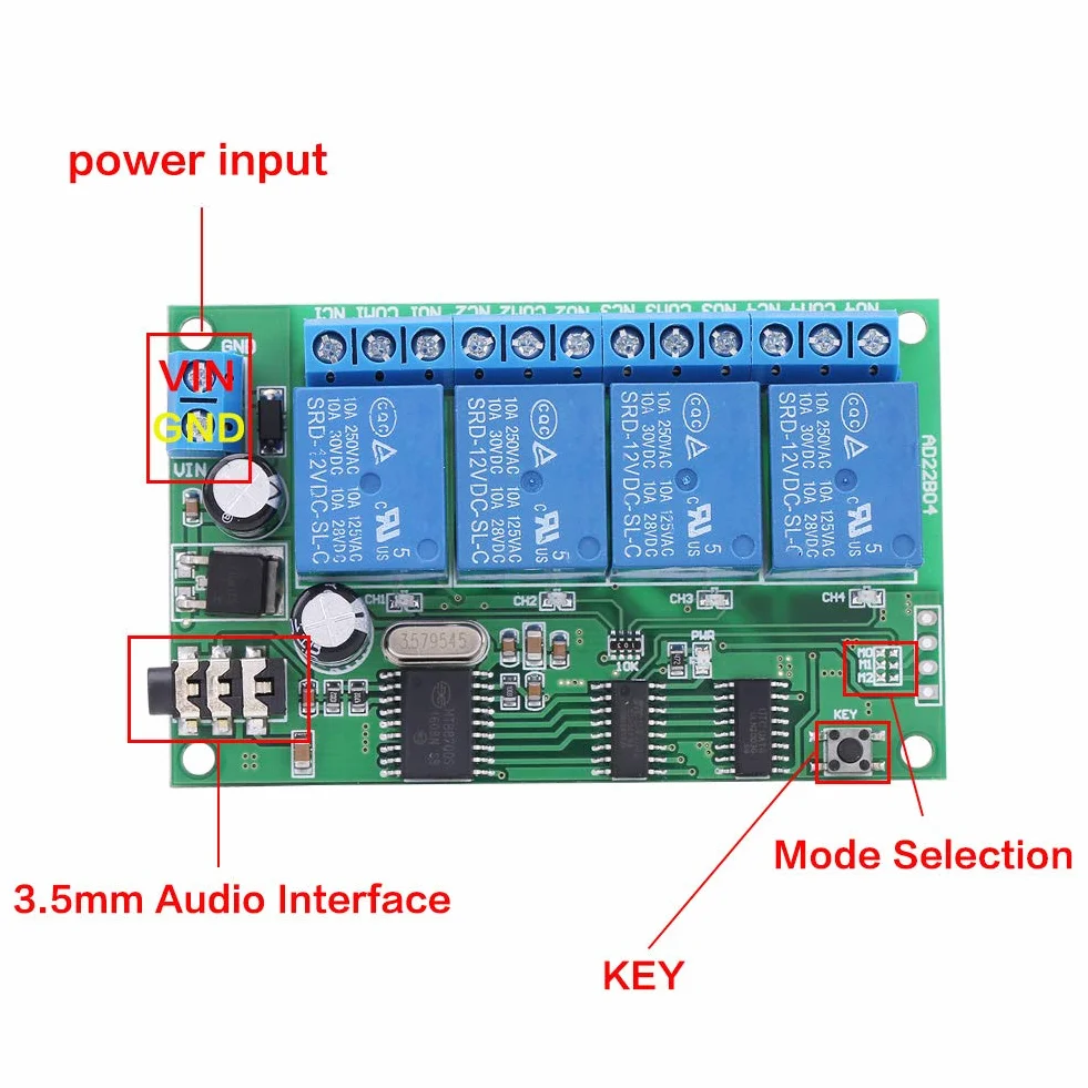 4 Kanal Decoder Relais, AD22B04 12 V DTMF Relais Modul (10 A / 250 VAC, 10 A / 125 VAC, 10 A / 30 VDC, 10 A / 28 VDC, 10 A / 12 VDC)