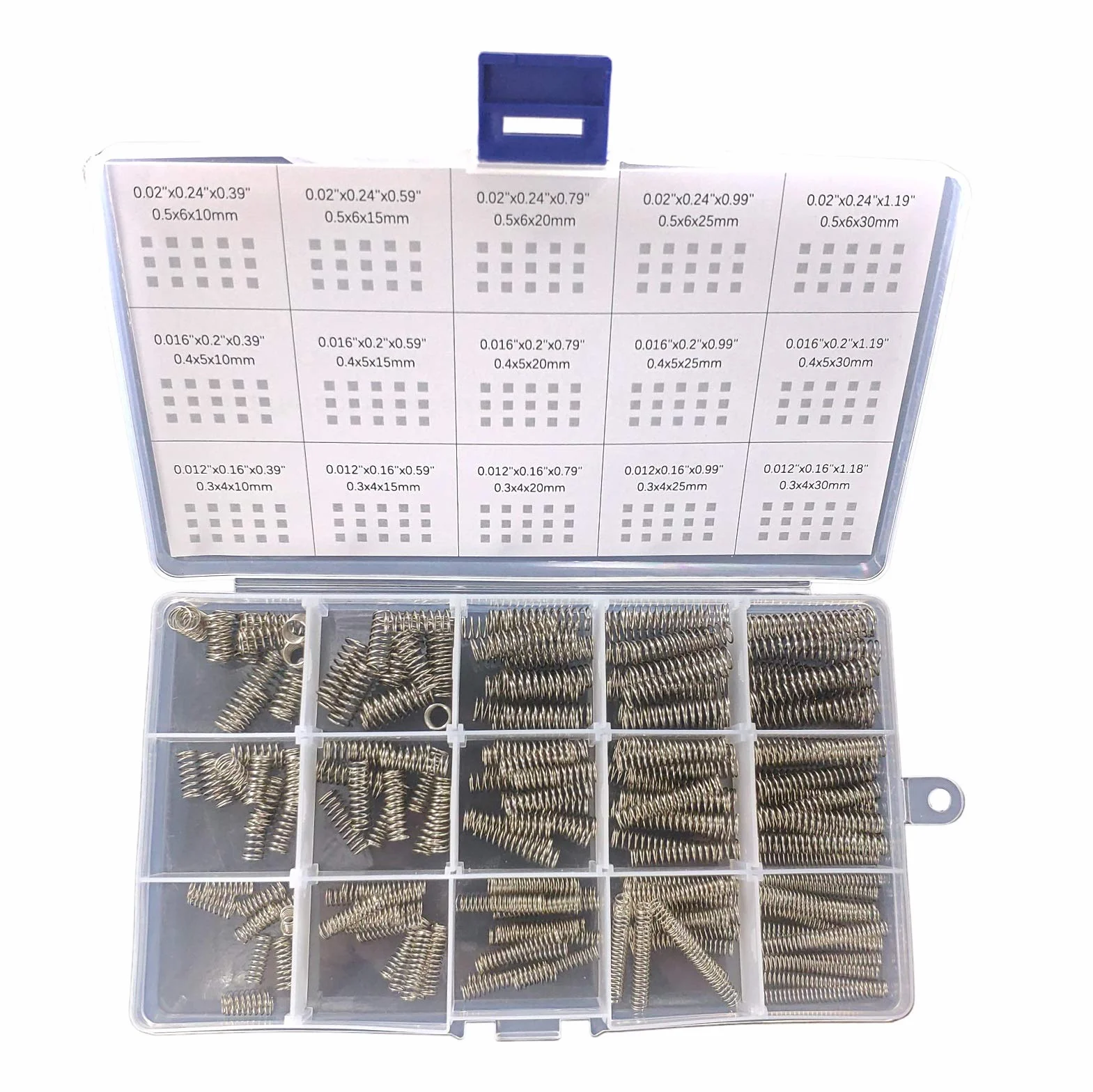 Zestaw sprężyn kompresyjnych, 15 różnych rozmiarów, 225 szt. mini sprężyn ze stali nierdzewnej do napraw, długość od 1 do 3 cm, średnica wewnętrzna od 0,4 cm do 0,6 cm, długość 10 mm - 30 mm,