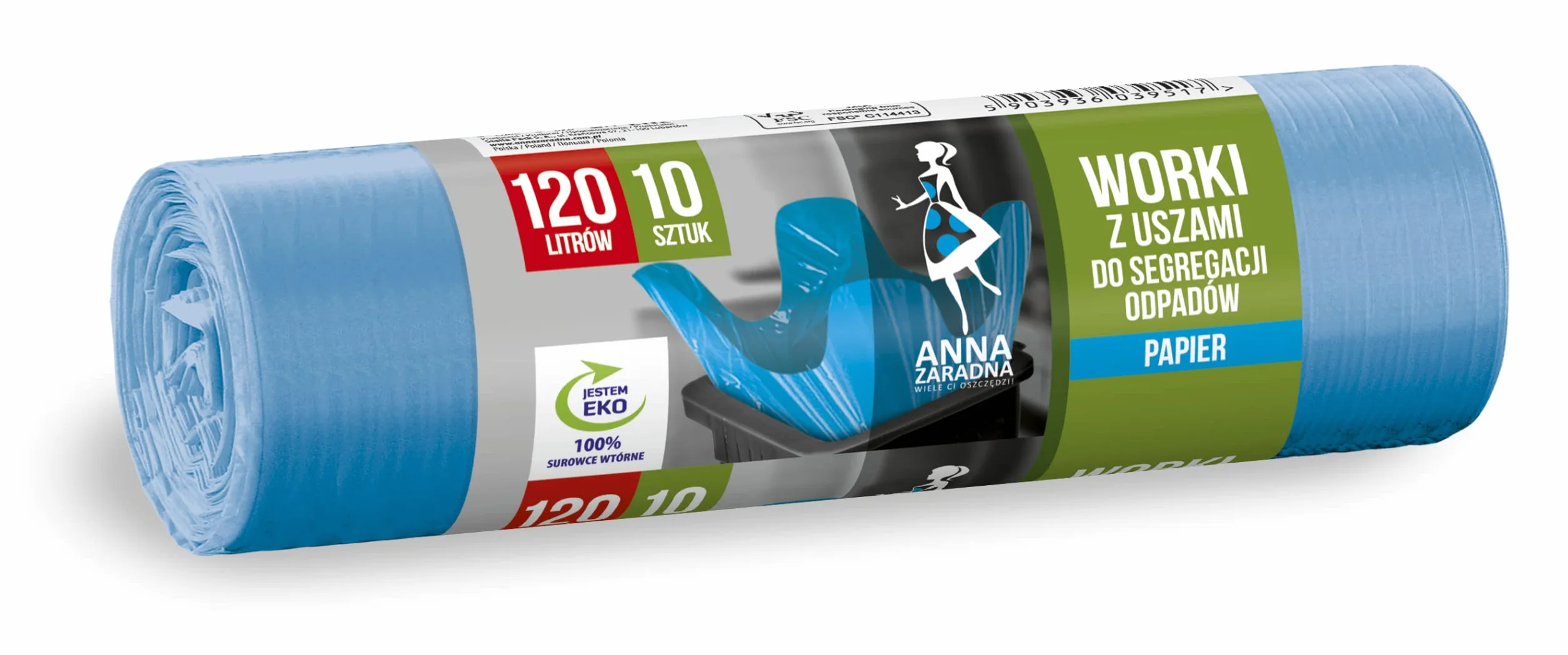 Anna Zaradna worki z uszami do segregacji odpadów PAPIER 120L 10szt niebieskie