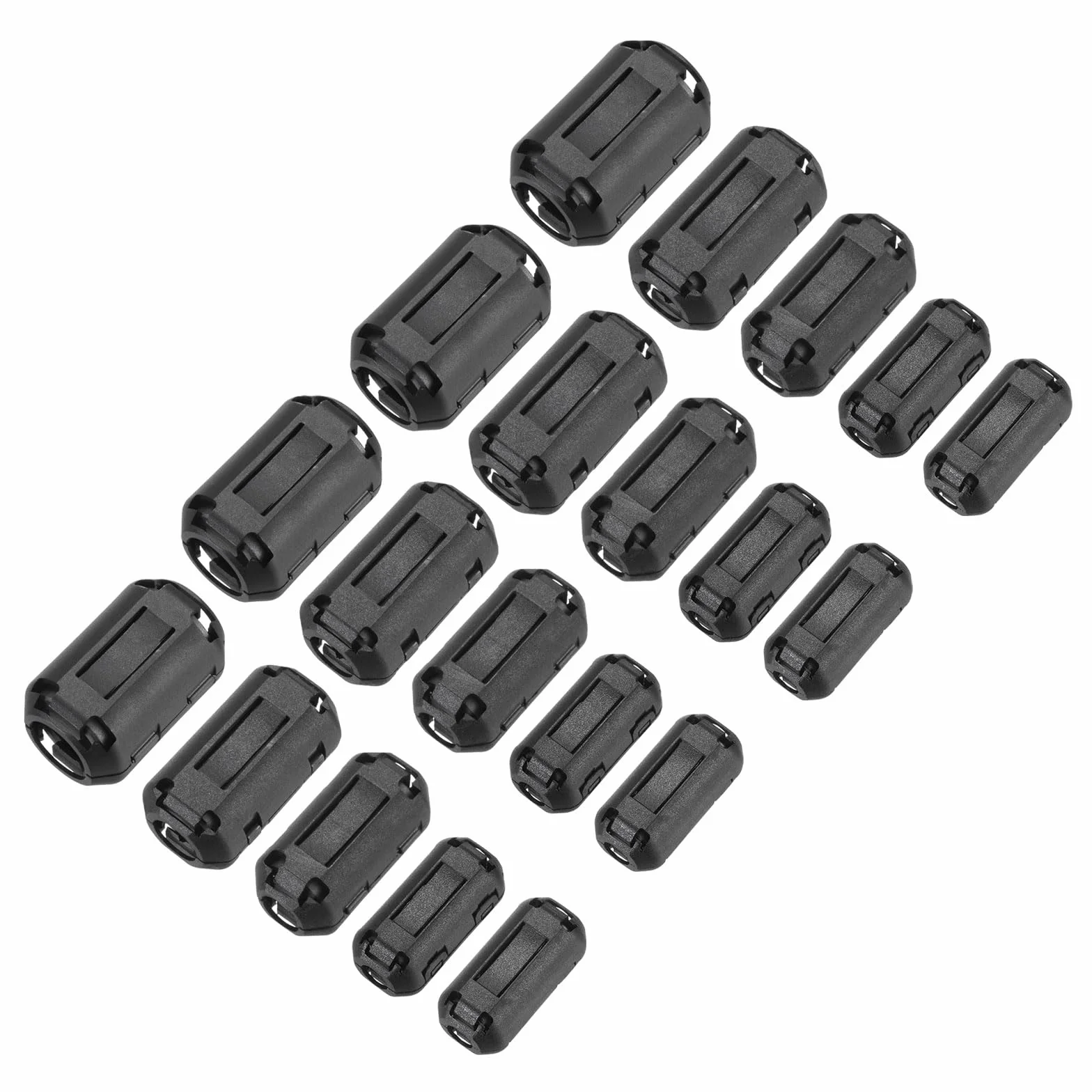 QUARKZMAN 20 szt. Clip-on Ferrite Ring Core (5 rozmiarów), pierścienie ferrytowe EMI RFI do kabli 3,5 mm/5 mm/7 mm/9 mm/13 mm, czarny