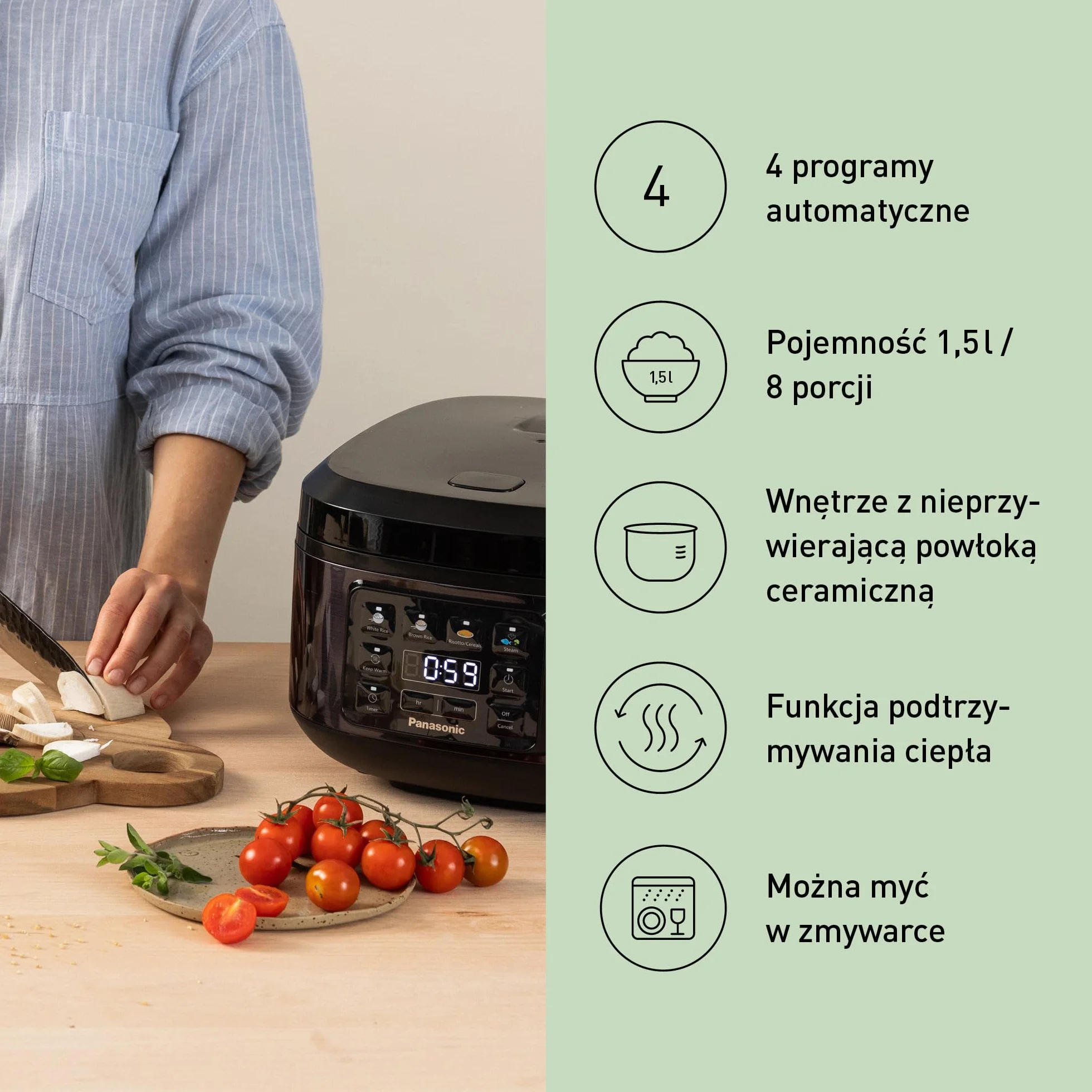 Panasonic SR-DA152KXE Automatic Rice Cooker with Steamer, Fuzzy Logic, Water Ratio Indicator, Dishwasher Safe, BPA Free, Keep Warm Function, Start Delay, Black