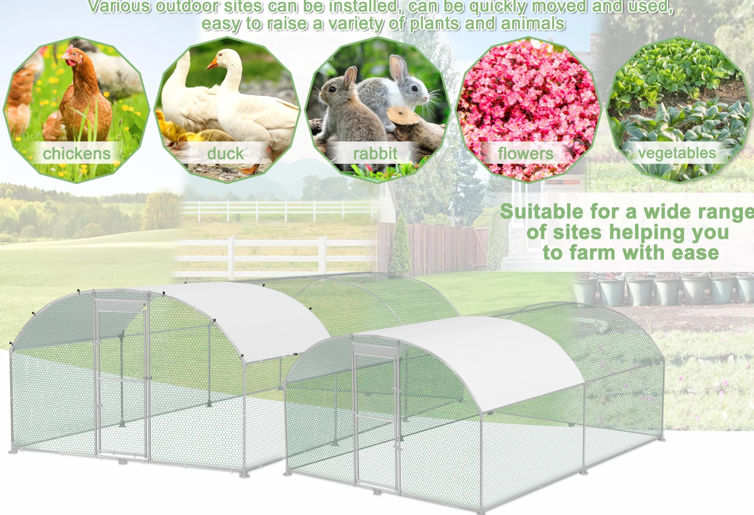 UISEBRT Kurnik 3 x 4 m, klatka dla kur, wybieg, z ocynkowanych rur, wybieg z zamykanymi drzwiami i dachem kopułowym, dla kur, królików, drobiu, małych zwierząt