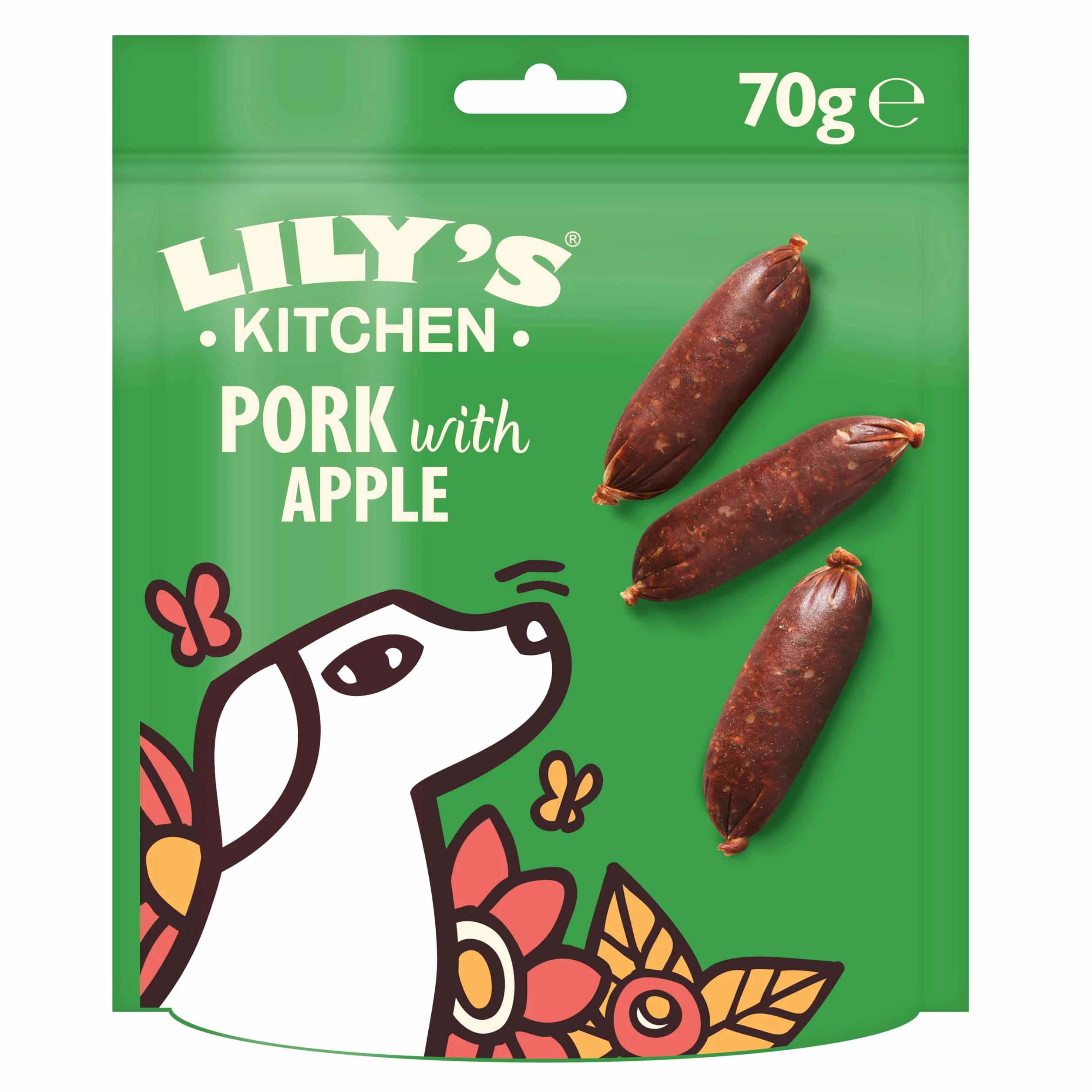 Lily's Kitchen Wykonane z naturalnych składników Pakiet przysmaków dla dorosłych psów kiełbaski jabłkowe i chrupiąca wieprzowina bezzbożowe przepisy 8 x 70g