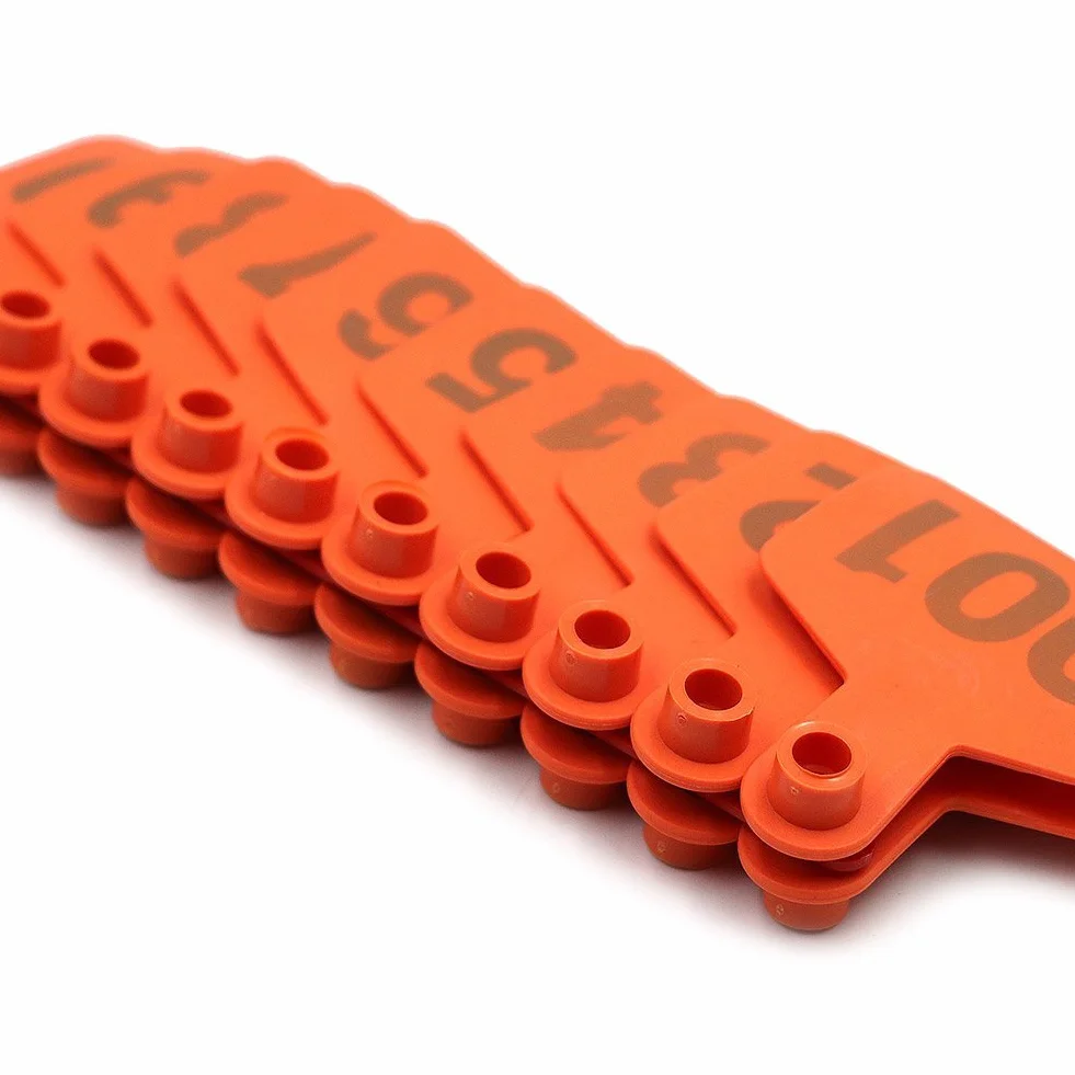MasXirch Plastikowe etykiety do uszu z numerami 001-100 dla zwierząt gospodarskich, etykiety identyfikacyjne dla krów, bydła, owiec, kóz i świń (pomarańczowe)