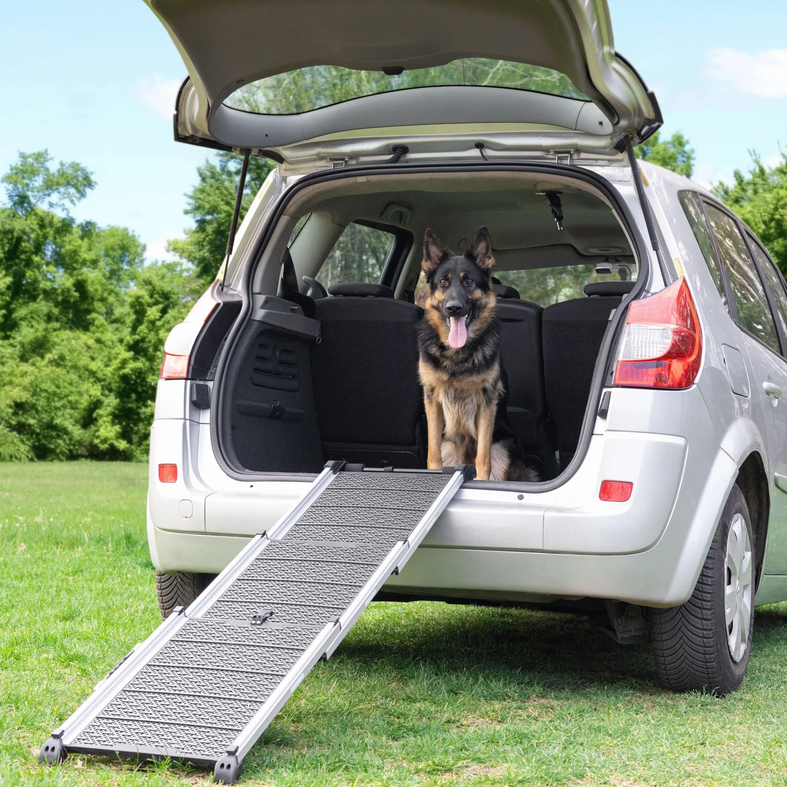 Samochodowa rampa dla psów, składana, teleskopowa, aluminiowa rampa dla dużych psów, stabilne schody dla psów do samochodu i SUV-a, antypoślizgowe, odblaskowe boki, obciążenie 90 kg, klips mocujący