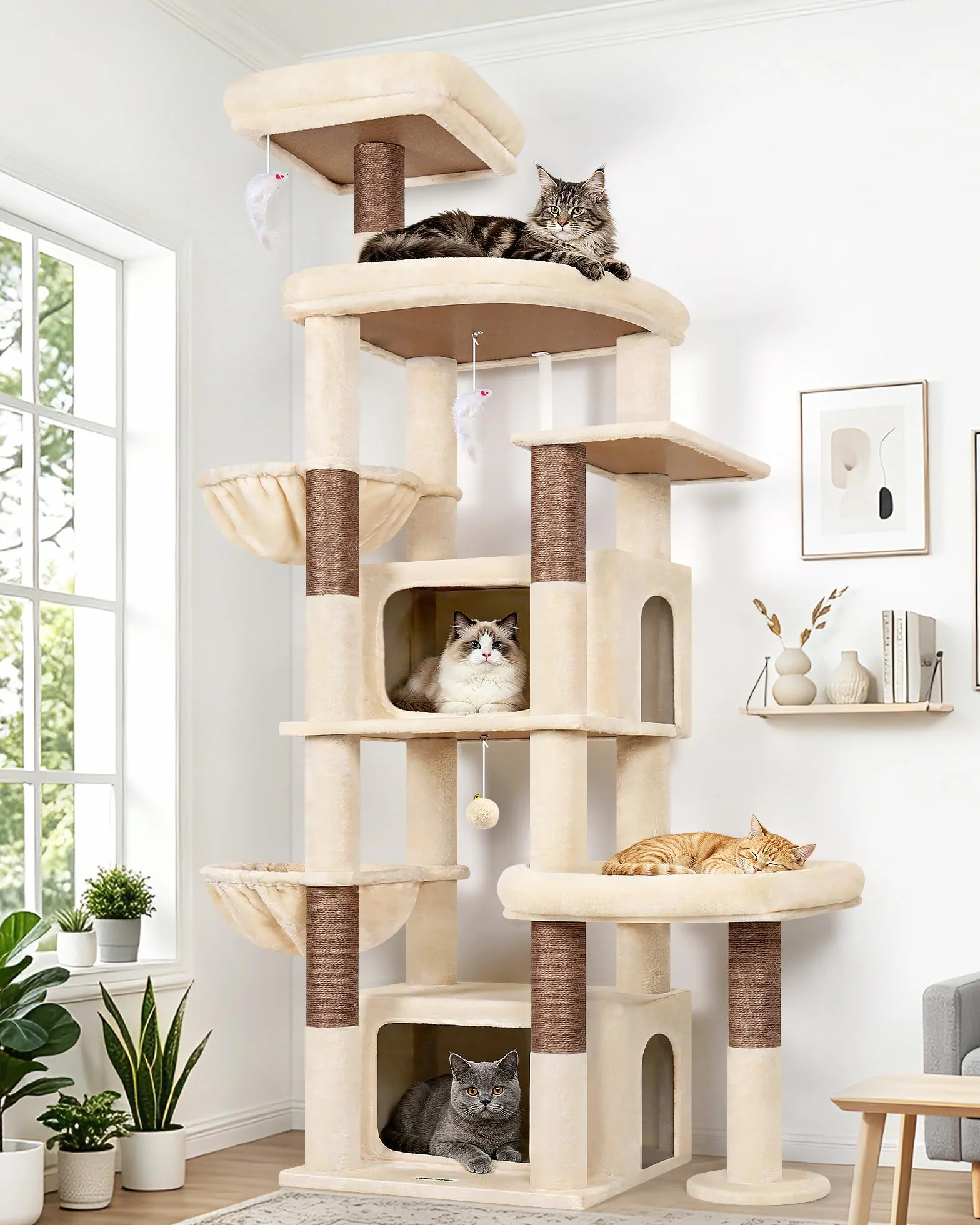 Globlazer Drapak dla dużych kotów, beżowy, rozmiar XXL, 192 cm, z 2 bardzo dużymi jaskiniami 50 x 30 x 30 cm, przestronna platforma, pień sizalowy, stabilne drzewko dla kotów z podpórkami dla 3-5