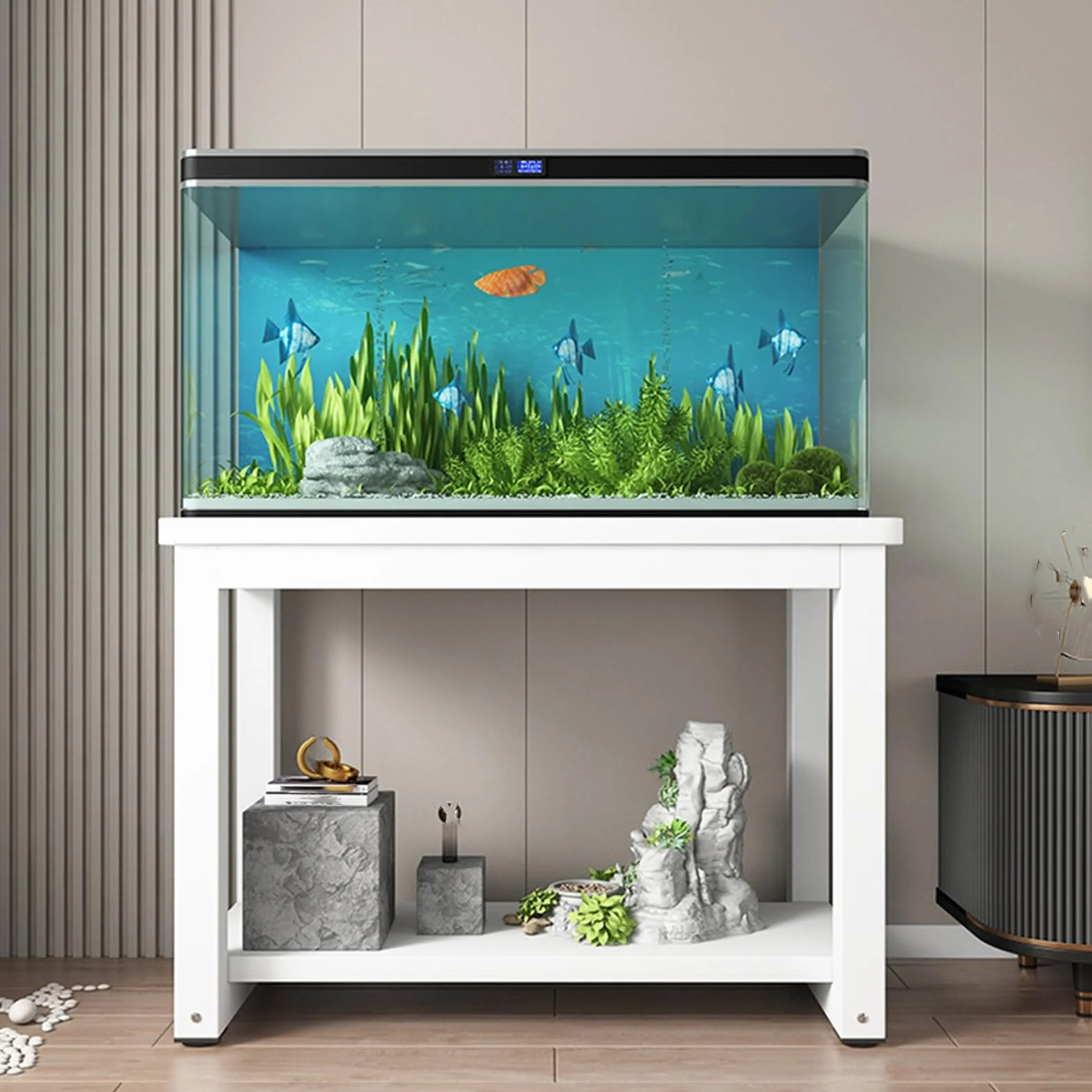 Wytrzymały stojak do akwarium, 2 poziomy, do salonu, biały stojak do terrarium, trwała stalowa rama i drewniany stół, 70 x 35 cm (27,5 x 13,75 cala), do domu i na zewnątrz
