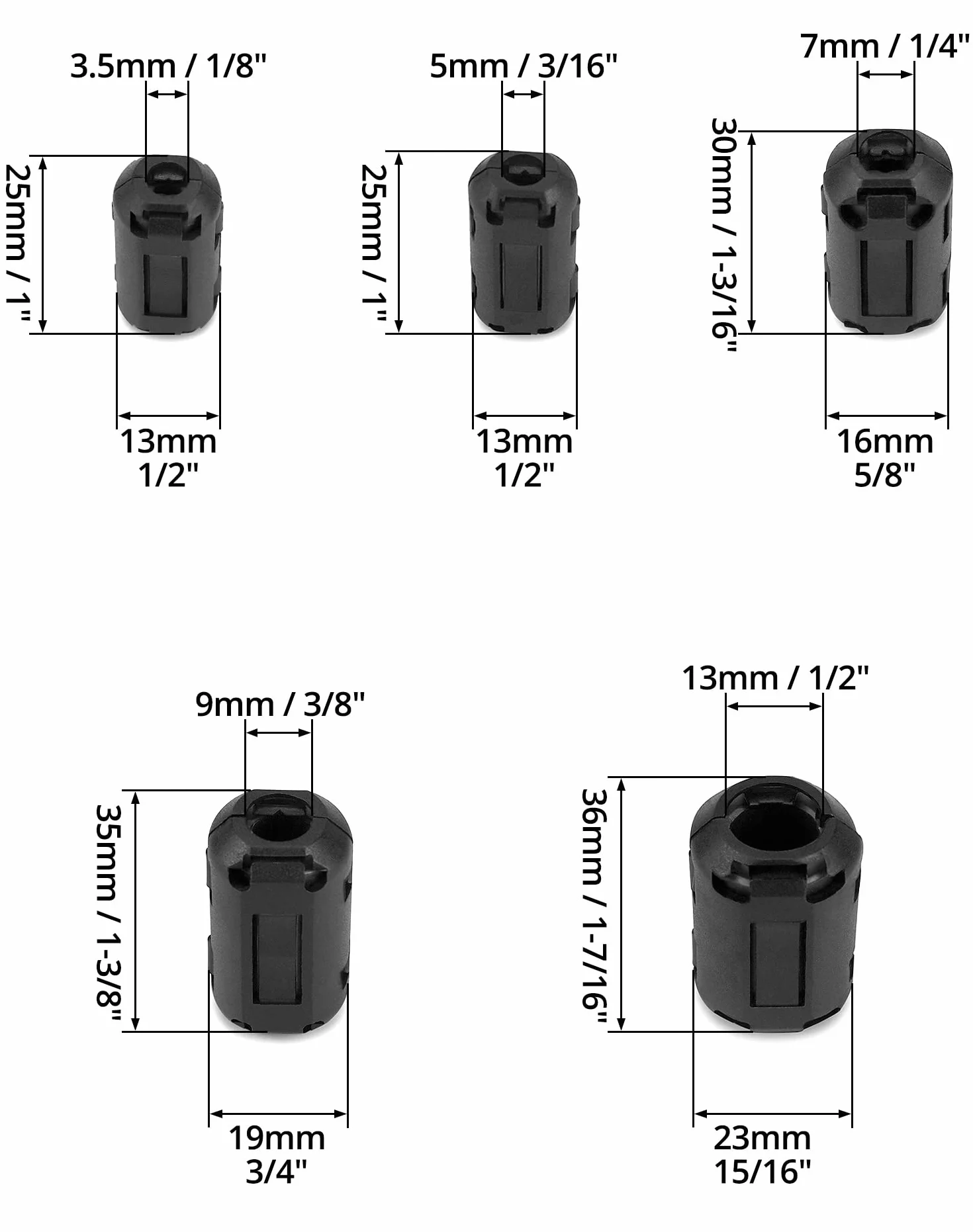 QWORK® 20 sztuk rdzeni ferrytowych do kabli, klips kablowy z redukcją szumów, 3,5 mm, 5 mm, 7 mm, 9 mm, 13 mm, na kabel USB, kabel myszy, kabel klawiatury