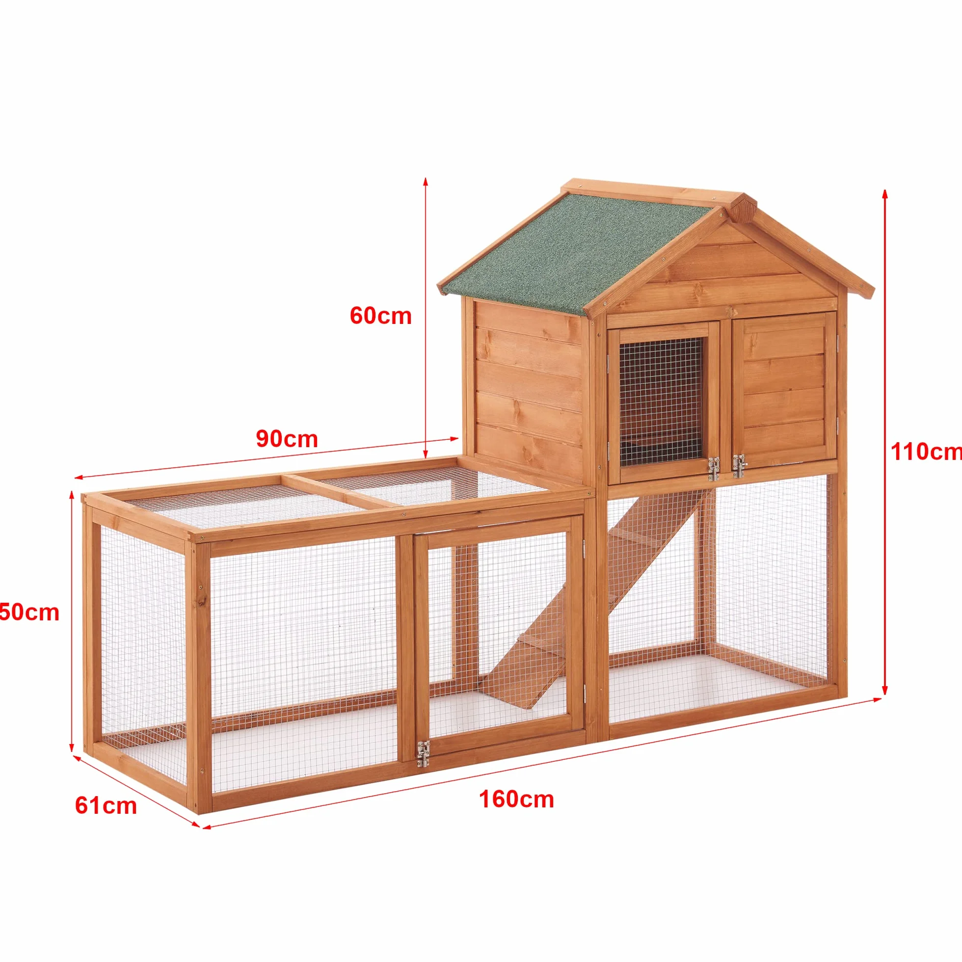 [en.casa] Kelkheim domek dla królików, 110 x 160 x 61 cm, domek dla królików, podwójny poziom, wybieg dla małych zwierząt, domek dla gryzoni z dachem bitumicznym drewno jodłowe