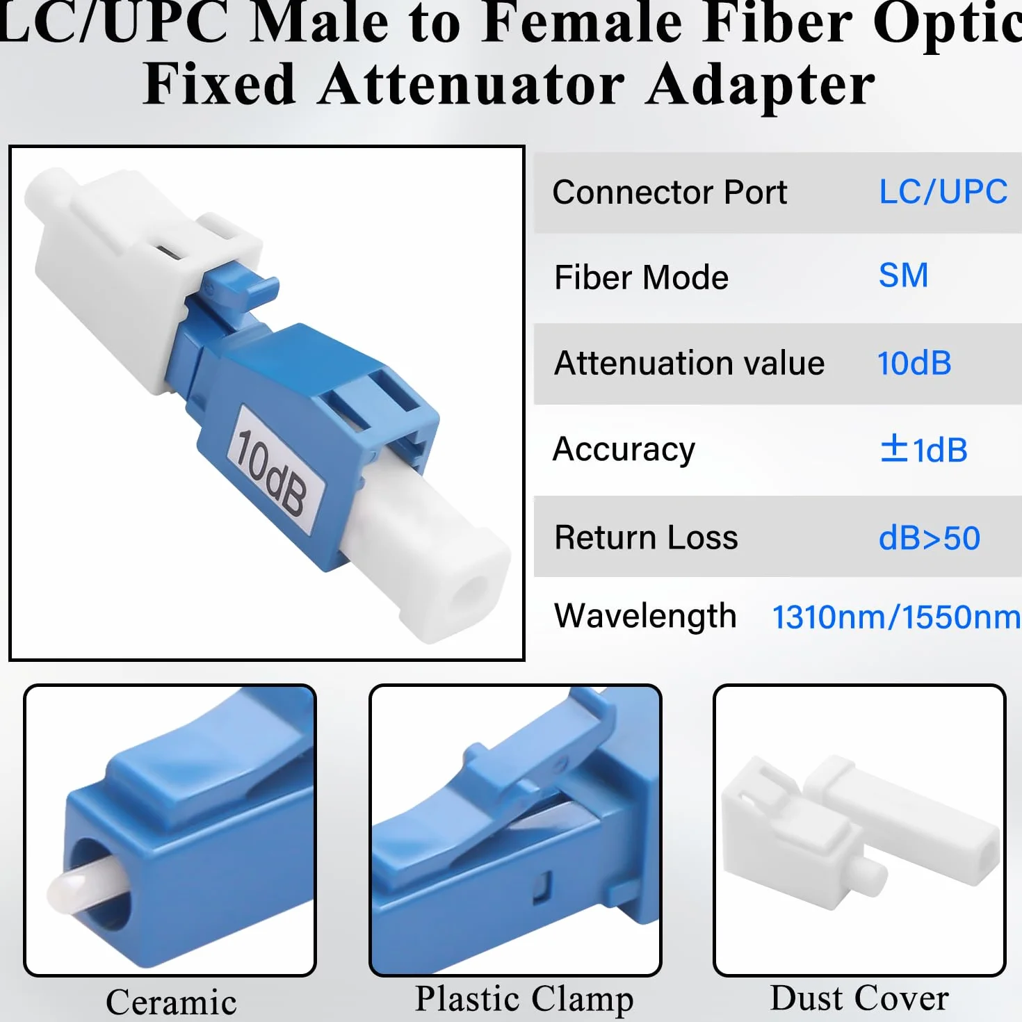 QIANRENON 10dB LC/UPC Światłowód Stały Tłumik LC Męski Żeński Adapter Jednomodowy Fixed Attenuator Złącze, Tłumienie Wartość 10dB±1, dla CATV FTTH Redukcja optyczna Moc