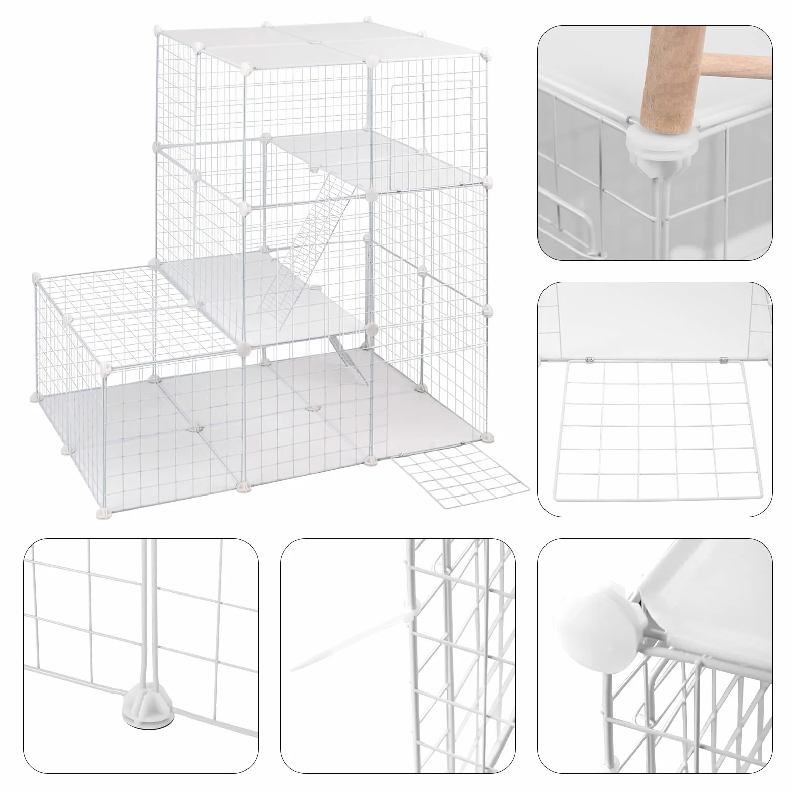 EUGAD Wybieg z płytami podłogowymi, 3-poziomowy, klatka dla świnki morskiej z metalowej siatki, szer. 110 x wys. 110 x gł. 75 cm