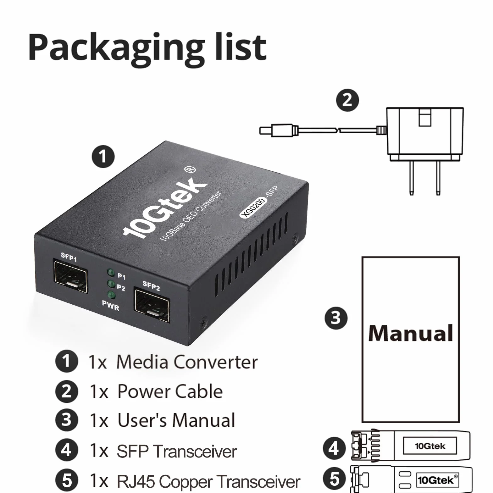 10Gtek G0200-SFP SFP+ Media Converter 10GBase-T 30m LR 10km SMF 1310nm European Power Supply