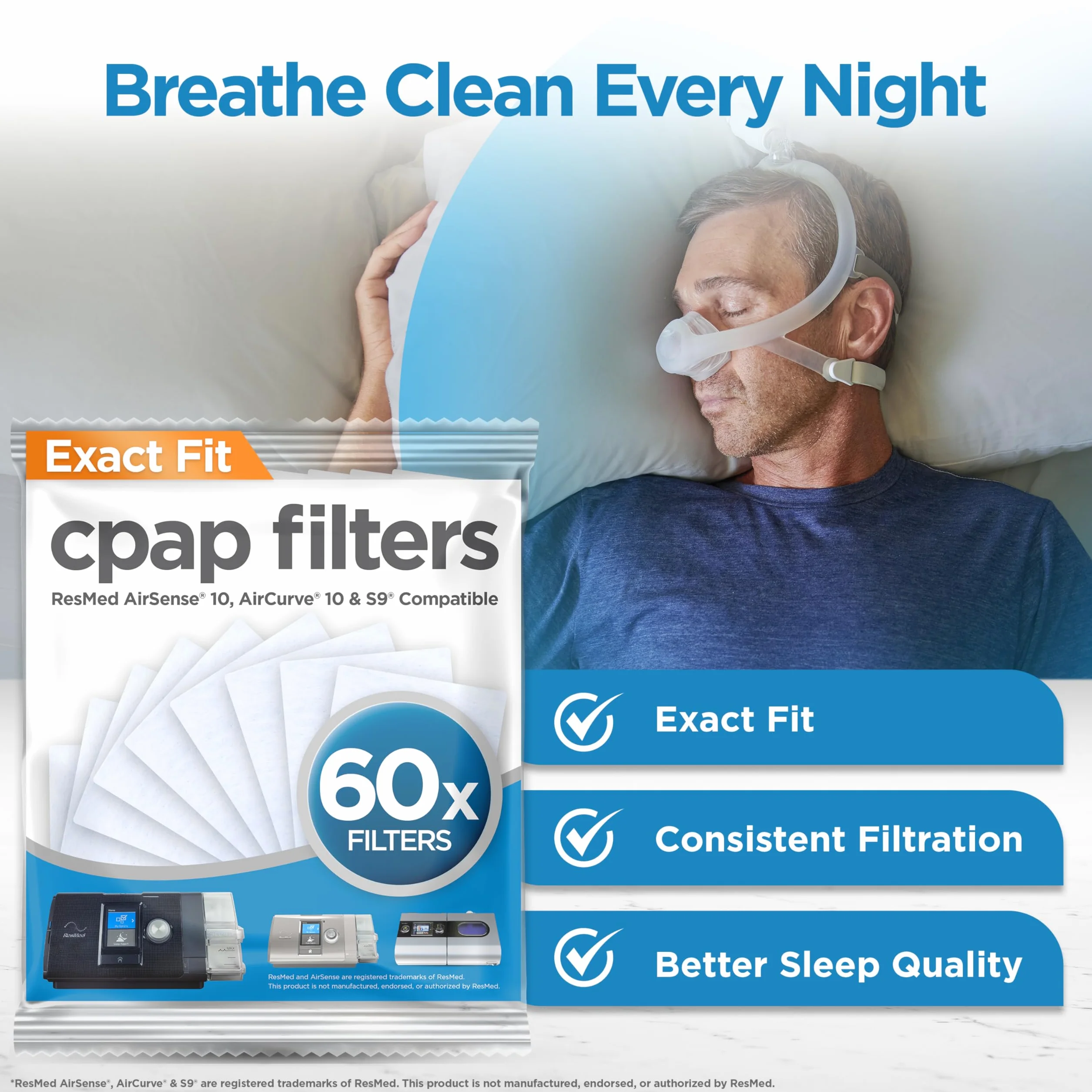 resplabs CPAP Filters - Compatible with The ResMed AirSense 10 Machine - 60 Filter Pack