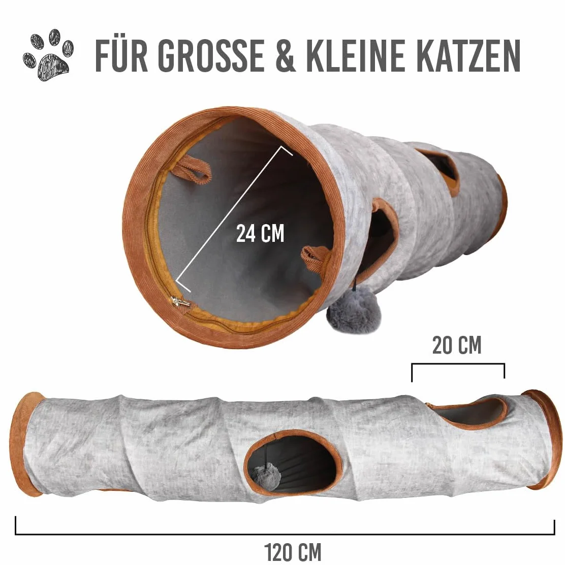 Tunel dla kota klasy premium, 120 x 24 cm, 3 dzwonki i piłeczki do zabawy, składany tunel do zabawy dla kotów, tunel do szelek, jaskinia, kot, szary, królik, XXL