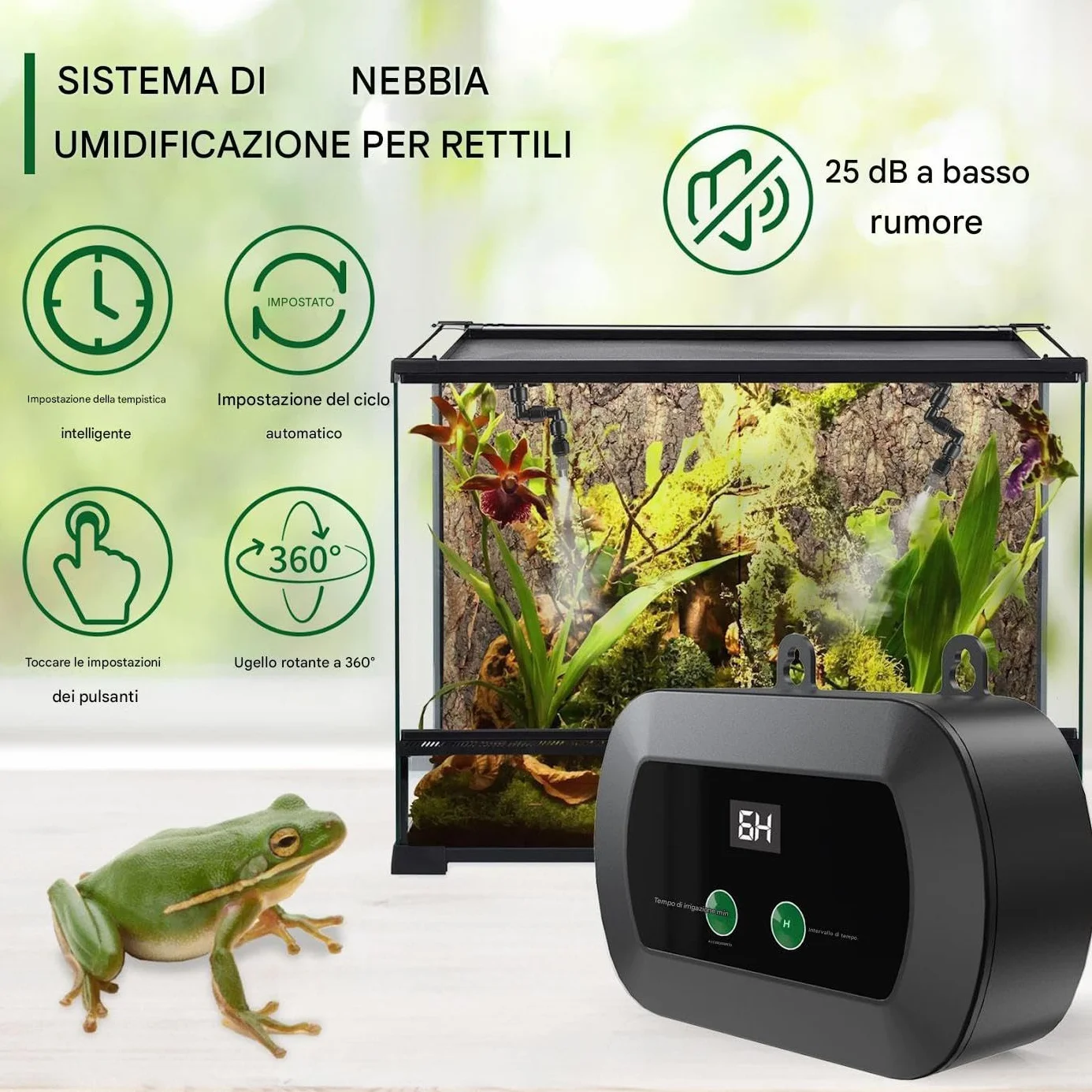 Reptile nawilżacz powietrza, automatyczny system Mister, regulowany dysze 360°, wbudowany timer, ultracienki tłumik, konsystencja zbiornika, idealny dla amphibians, żab, żab, kameleonów, Abs 11,5 x