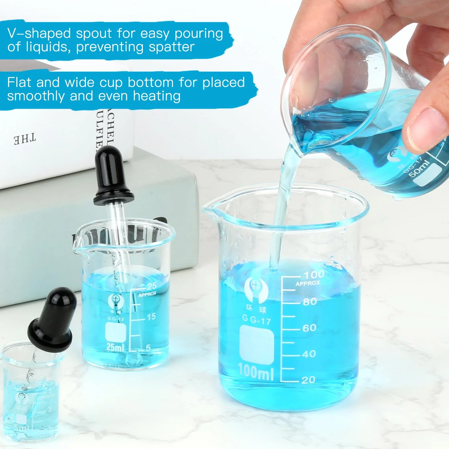5 sztuk mini miareczek 100ml 50ml 25ml 10ml 5ml, zlewka z miarką, szkło borosilikatowe mini miarka z miarkowanym kroplomierzem i naklejką z etykietą, zlewka do laboratorium
