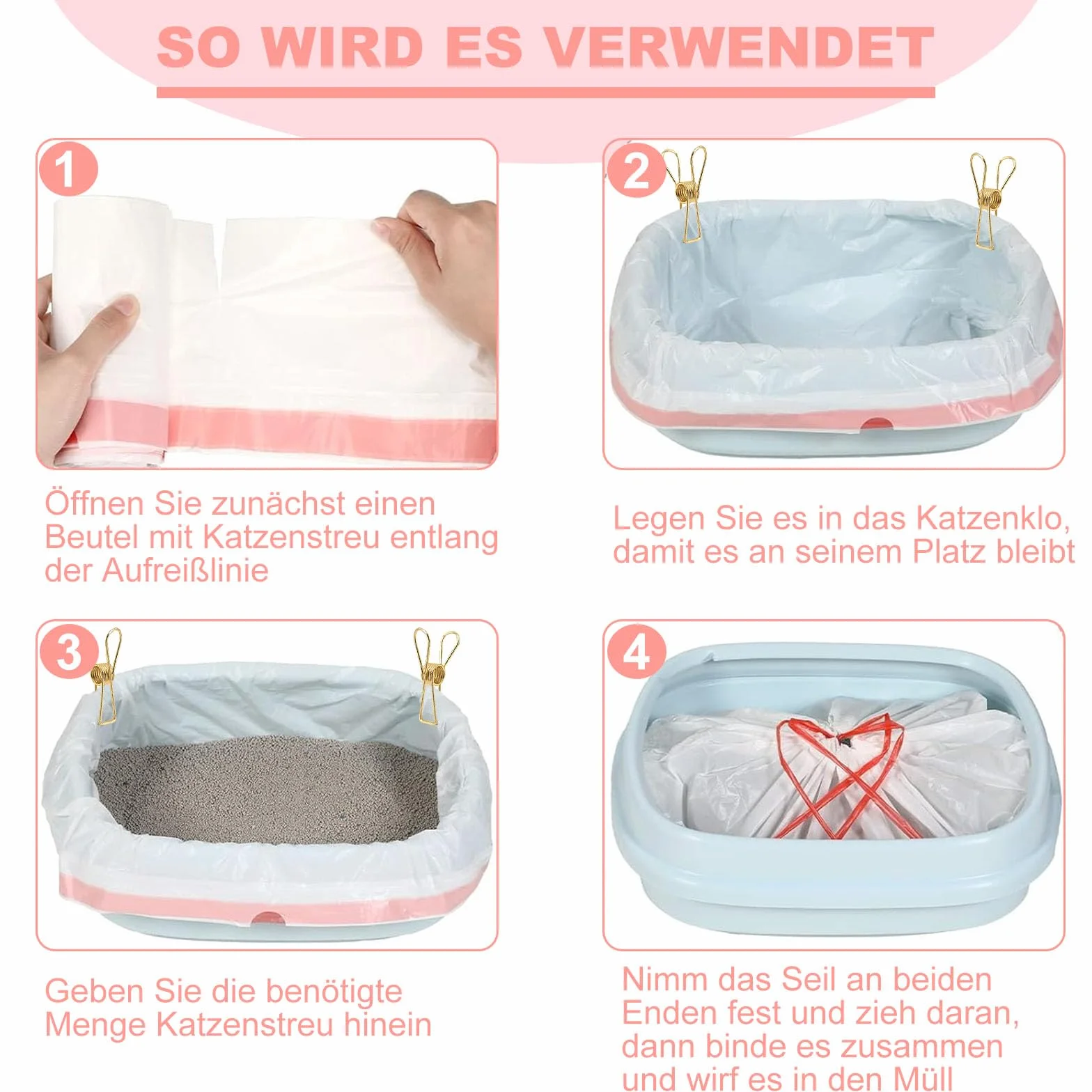 Worki na kuwetę dla kotów, 30 sztuk, woreczki z tasiemkami, 95 × 45 cm, z klipsami, kuweta dla kota, worki na śmieci, do wymiany żwirek dla kota