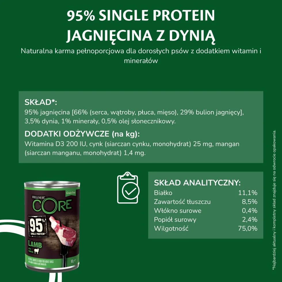 Wellness CORE 95% Jagnięcina i Dynia, 6 x 400 g, mokra karma dla psów wszystkich ras, pasztet typu Chunky, bezzbożowa, wysoka zawartość mięsa, bogata w białko, ograniczona liczba składników