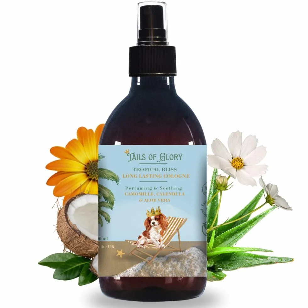 100% naturalne perfumy dla psów – Tropical Bliss spray zapachowy z olejem kokosowym dla psa – uspokajające, wegańskie – rumianek, nagietek, aloes – dezodorujący – wyprodukowano w