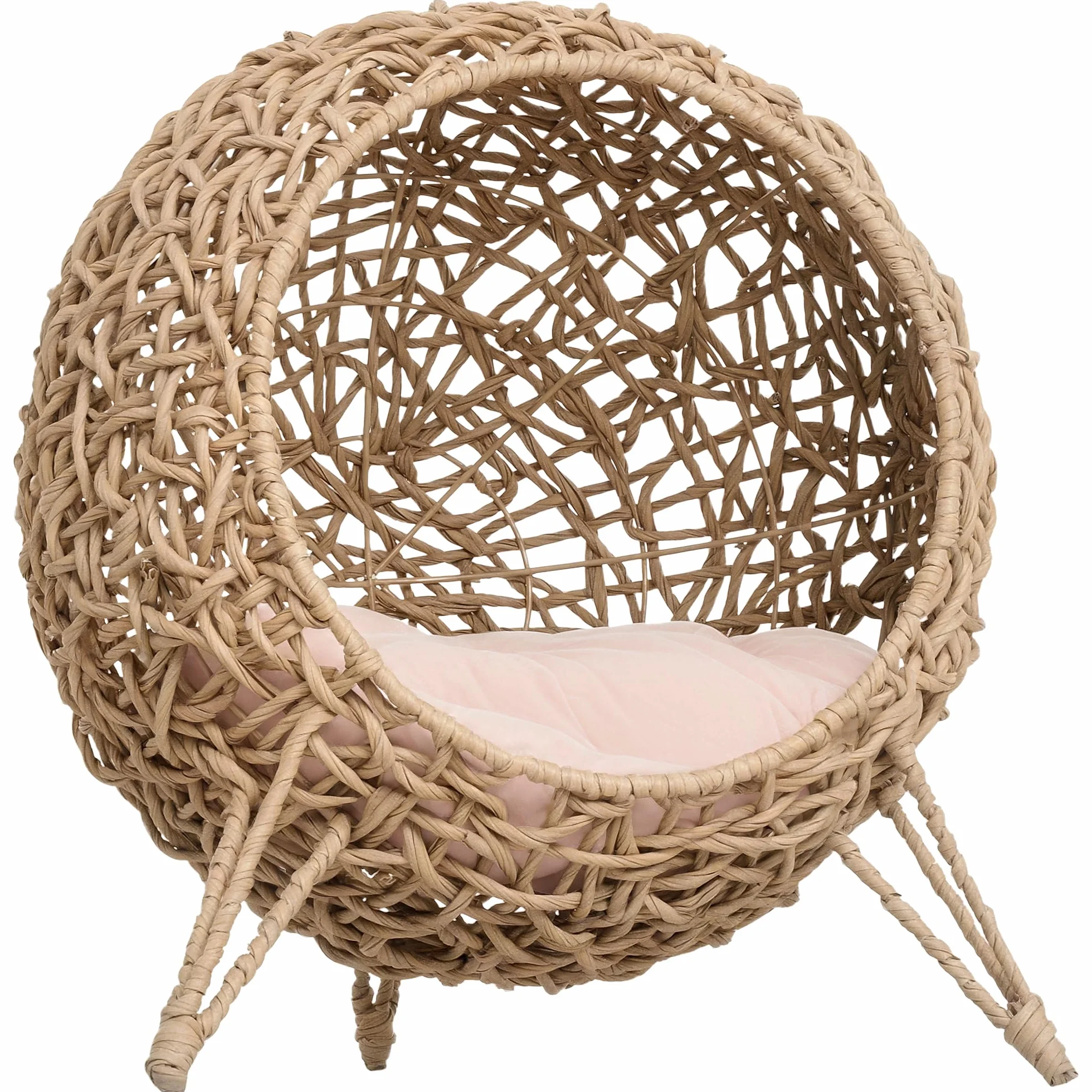 PawHut Domek dla kotów z rattanu z poduszką, miejsce do spania dla kota z podwyższonymi nóżkami, naturalny, Ø 52 x 58 cm | Miejsce do spania dla kotów, z podwyższonymi nóżkami