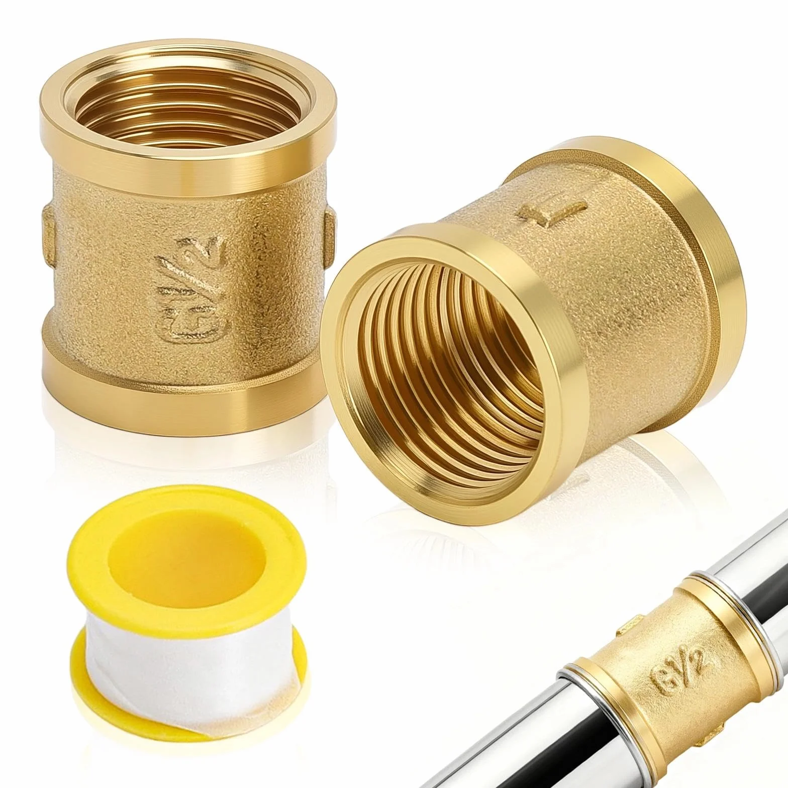 Mosiężny adapter mufy 1/2 cala G1/2" (20 mm) podwójna mufa z taśmą uszczelniającą do rur wodnych