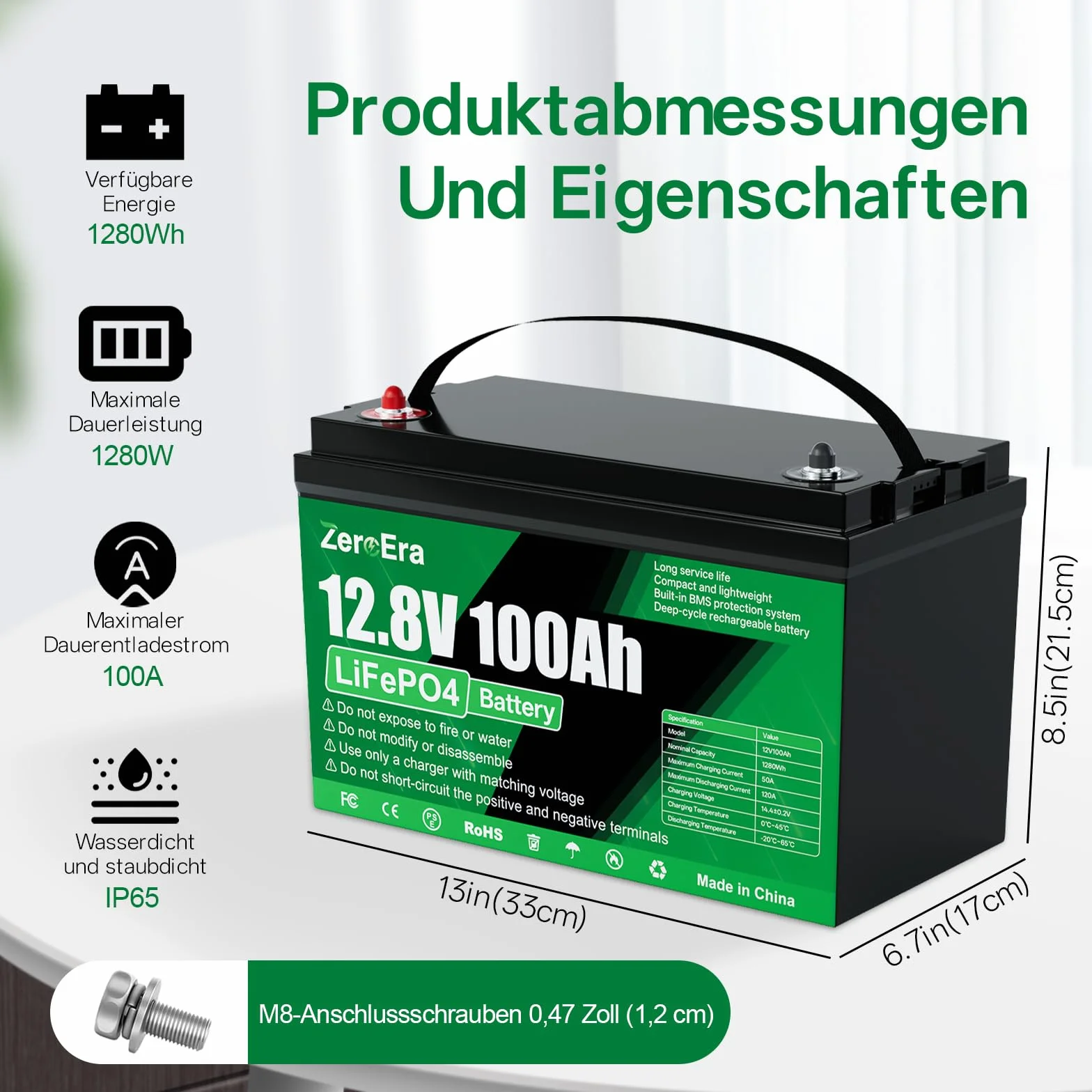 LiFePO4 bateria 12 V 100 Ah, bateria litowa 1280 Wh z ochroną przed niską temperaturą BMS 1000 A, głęboki cykl 10000-15000, obsługuje przełączanie szeregowe/równoległe do przechowywania w gospodarstwie domowym, morski (1 x 12 V 100 AH)