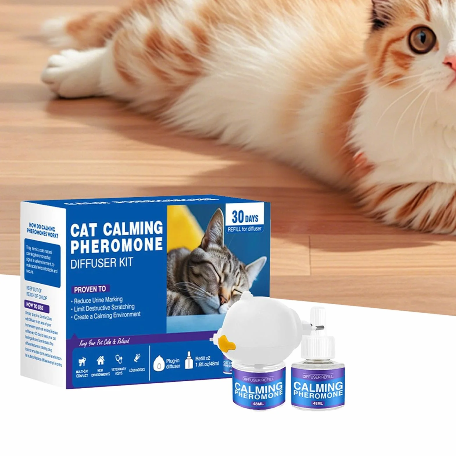 Cat Calming Dyfuzor, feromony kota uspokajające napełnienie dyfuzora | Dyfuzor relaksacji,60 dni trwałej wtyczki uspokajające kota Uwolnienie utrzymywanego feromonu w celu zmniejszenia stresu