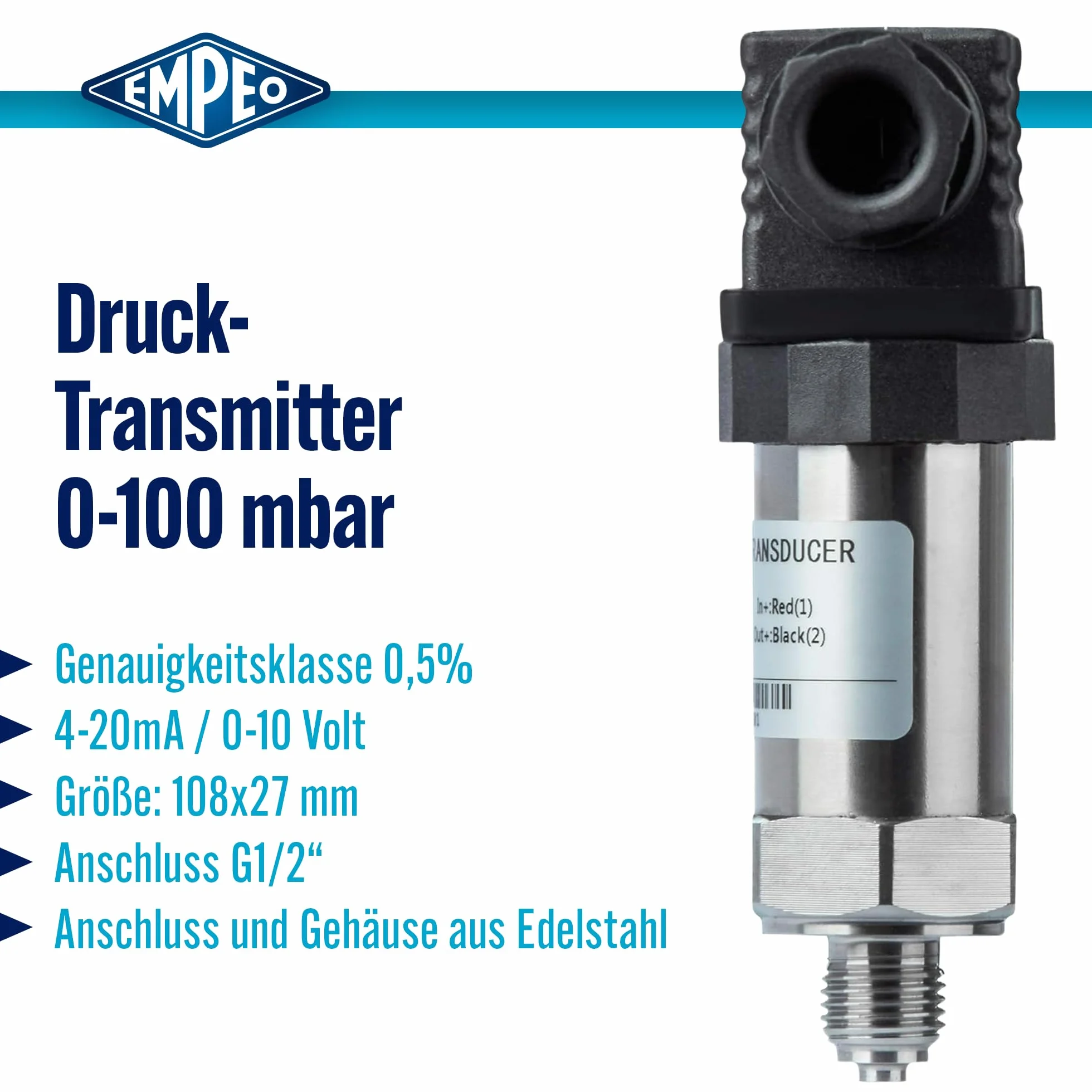Nadajnik ciśnienia kl. 0,5% 4-20mA (0-100 mbar, G1/2")