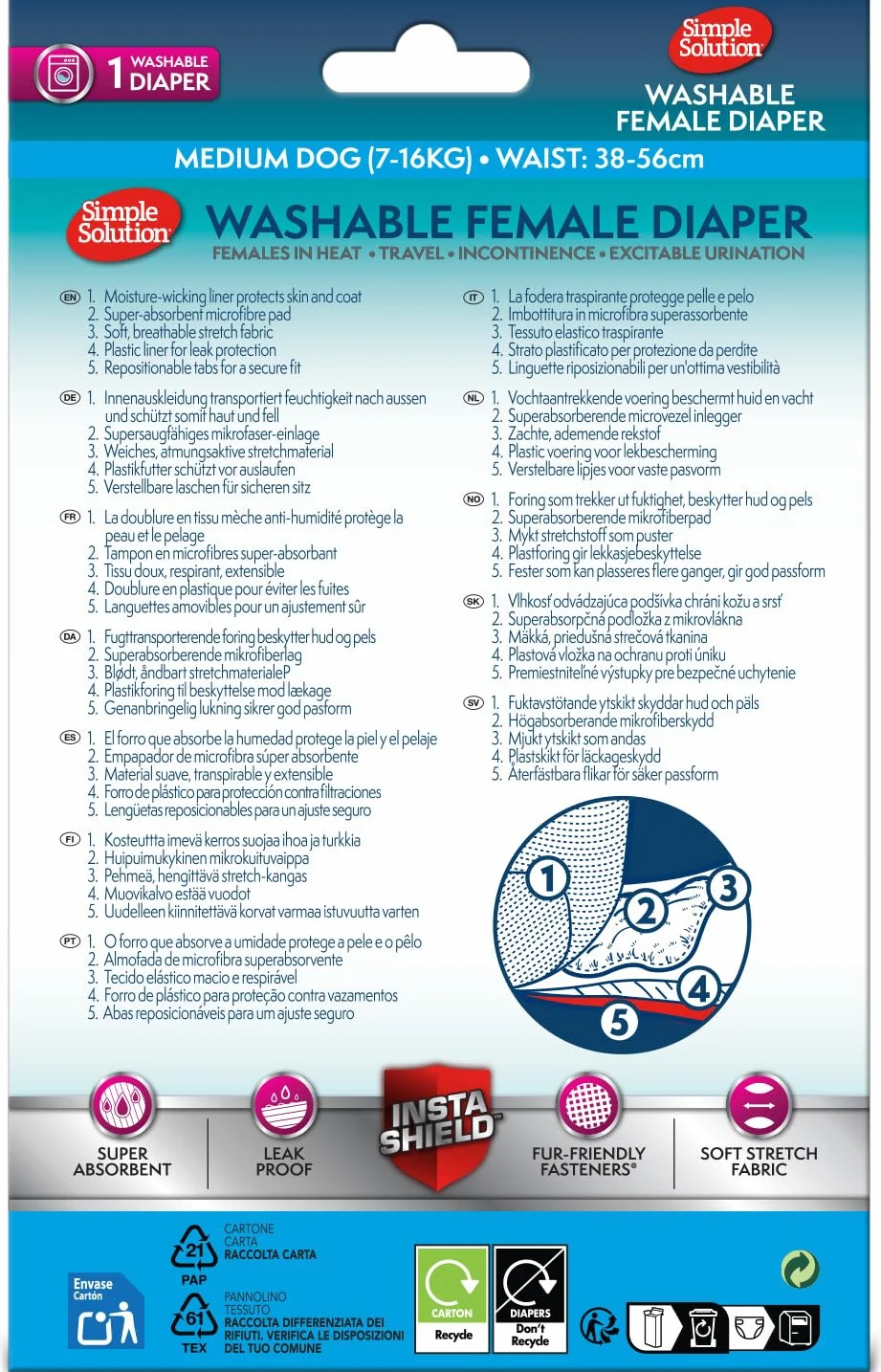 Simple Solution Zmywalne pieluchy dla psów wielokrotnego użytku, Absorbent z szczelnym dopasowaniem - 1 pieluszka dla psa Średni