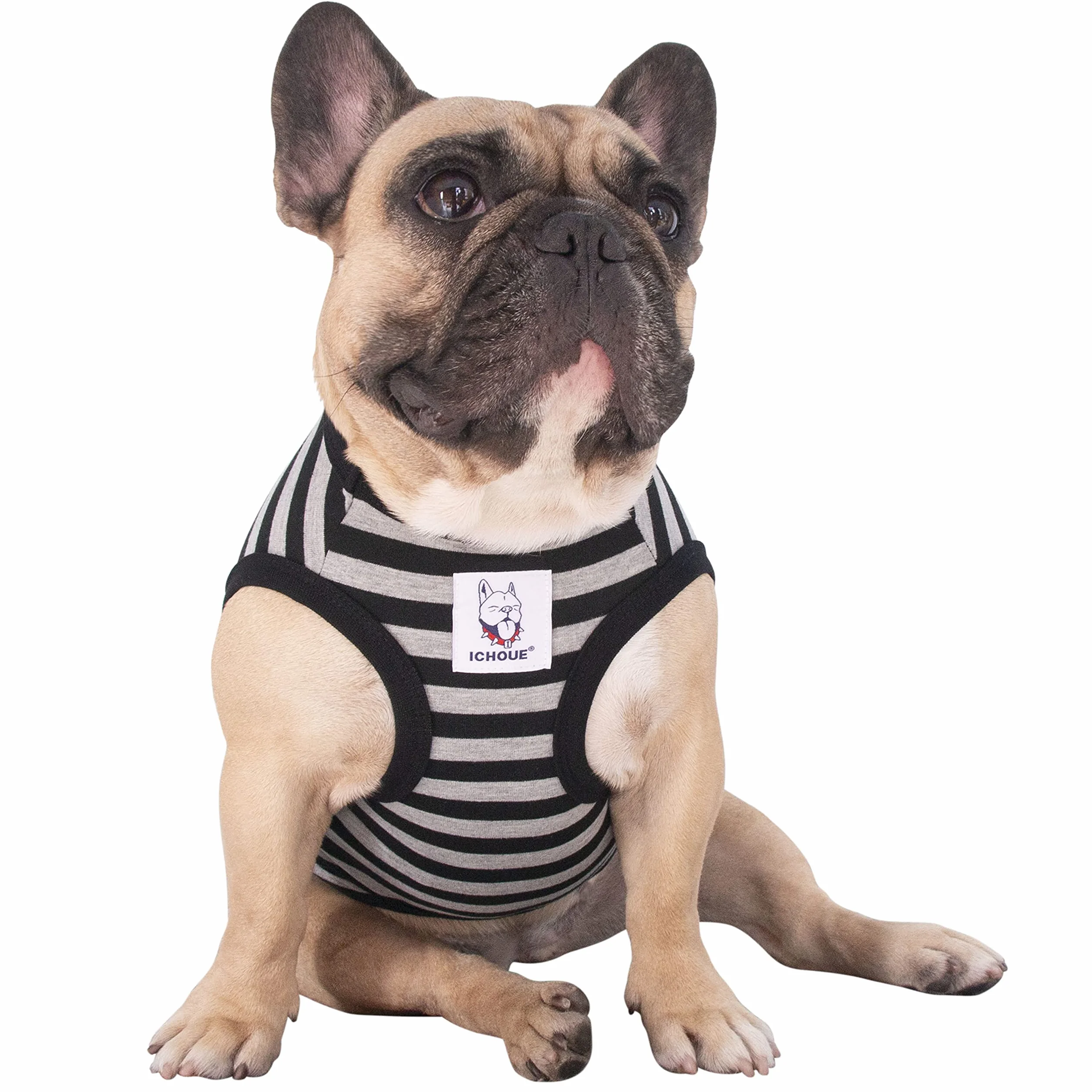 iChoue Buldog francuski koszulki w paski ubrania dla średnich psów kamizelka bezrękawniki szczeniak duży francuski mops angielski bostoński terier pitbull szare czarne paski - L Plus