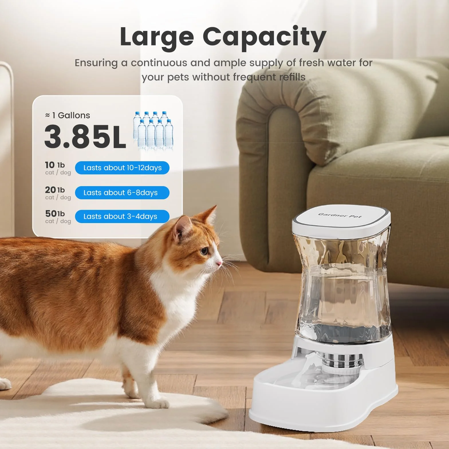 Gardner Pet 3,85 l Automatyczny podajnik kota, automatyczne poidło dla kota z plastikową miską, poidło dla psów dla grawitacji, bez BPA, zapobieganie zlewaniu, nie wymaga prądu (biały)