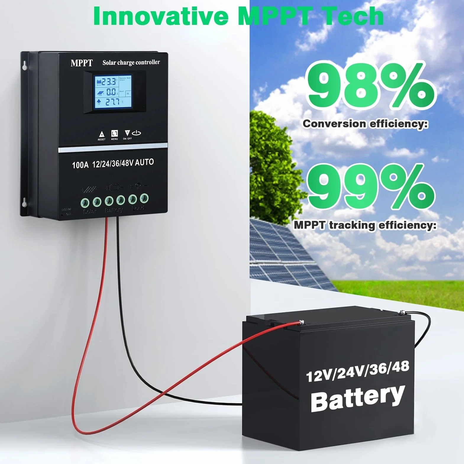 BuyWeek 100 A MPPT regulator ładowania 12 V 24 V 36 V 48 V inteligentny kontroler słoneczny z LCD i USB