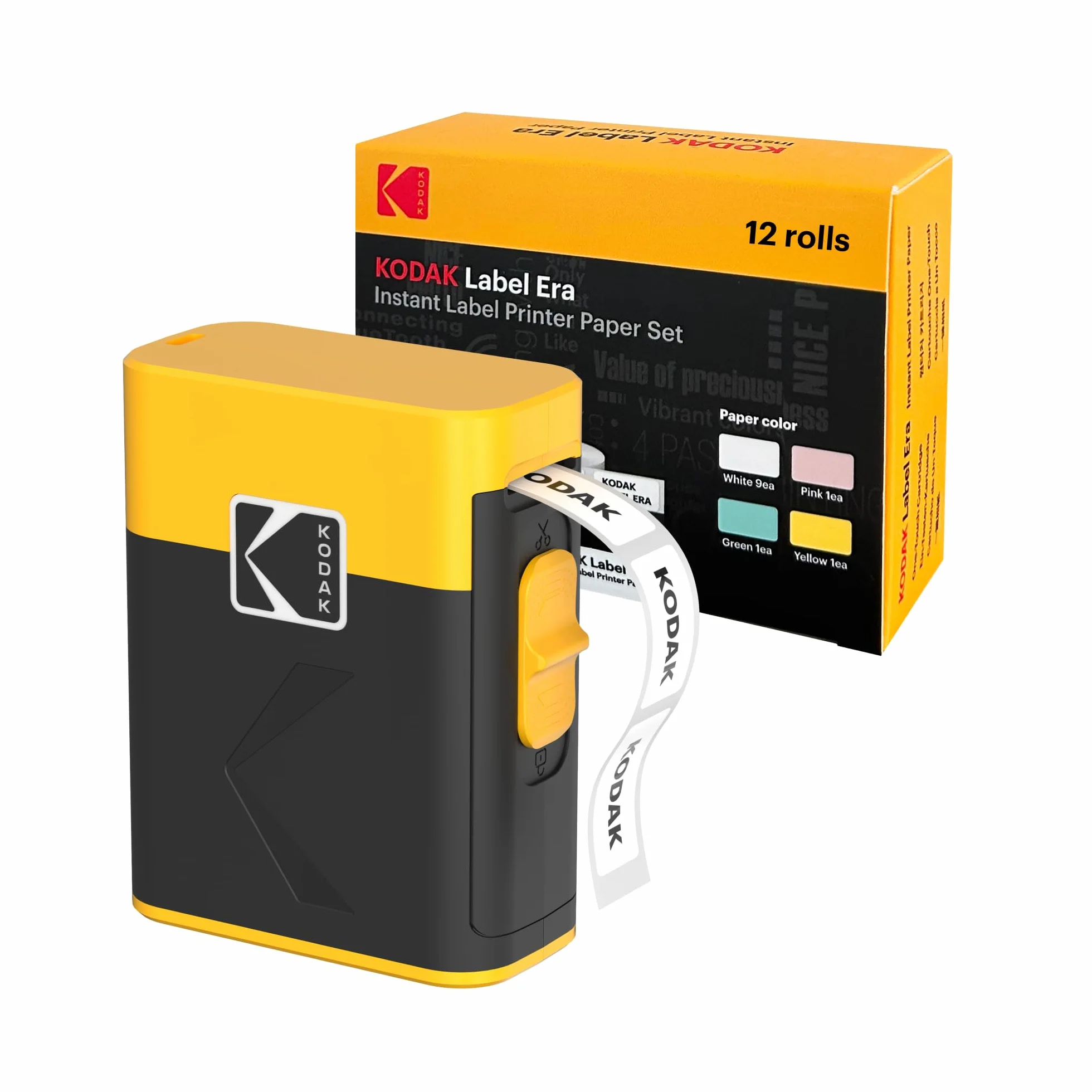 KODAK Etykieta ERA M50 zestaw maszyn do tworzenia etykiet, żółty (drukarka etykiet z 1 rolką naklejek + zestaw 12 rolek, białe 9 rolek, różowy/zielony/żółty, po 1 rolce)